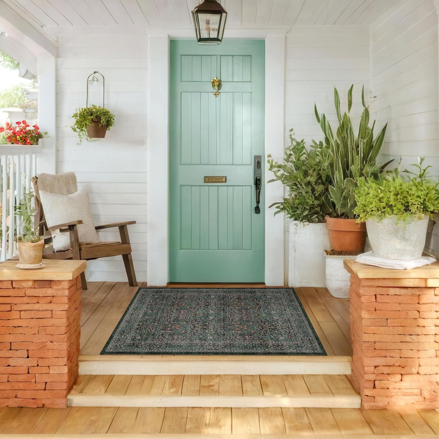 Vintage Dark Green Living Room Rug, 8x10 Washable Area Rugs for Dining Room Under Kitchen Table, Bedroom, Oriental Low Pile Stain Resistant Non-Slip Large Carpet (8x10 Dark Green)