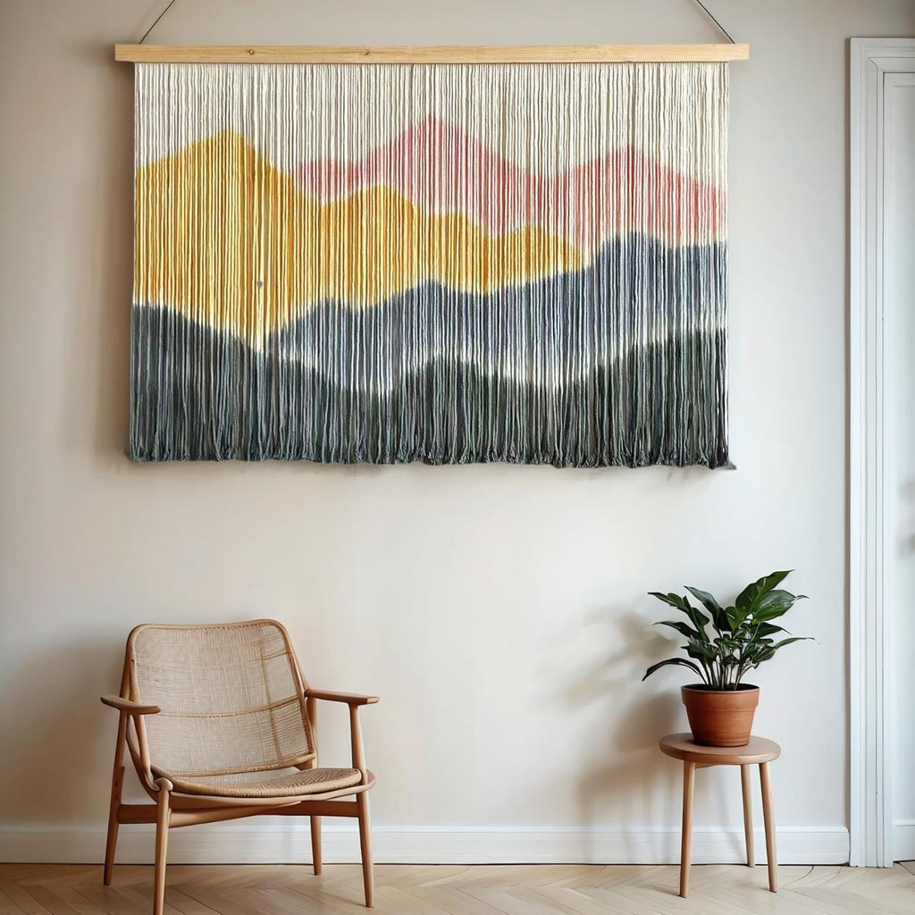 laddawan Extra Large Macrame Wall Hanging Dip-Dyed Tapestry Modern Wooden Home Wall Art For Living room Boho Handmade Wall Decor For Bedroom (Yellow)