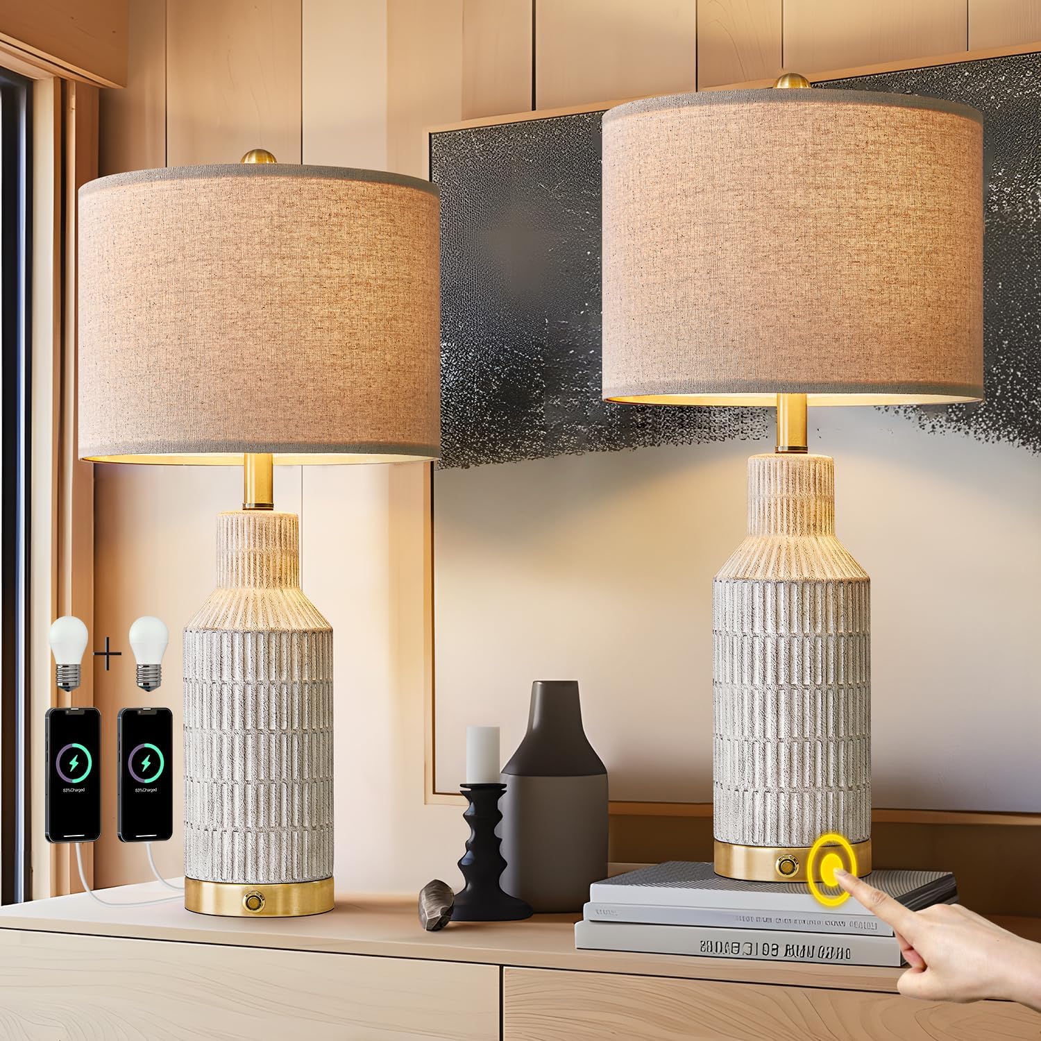 25" Table Lamps Set of 2 - Modern Bedside Lamps for Living Room - White Washed Ceramic Nightstand Lamps for Bedroom