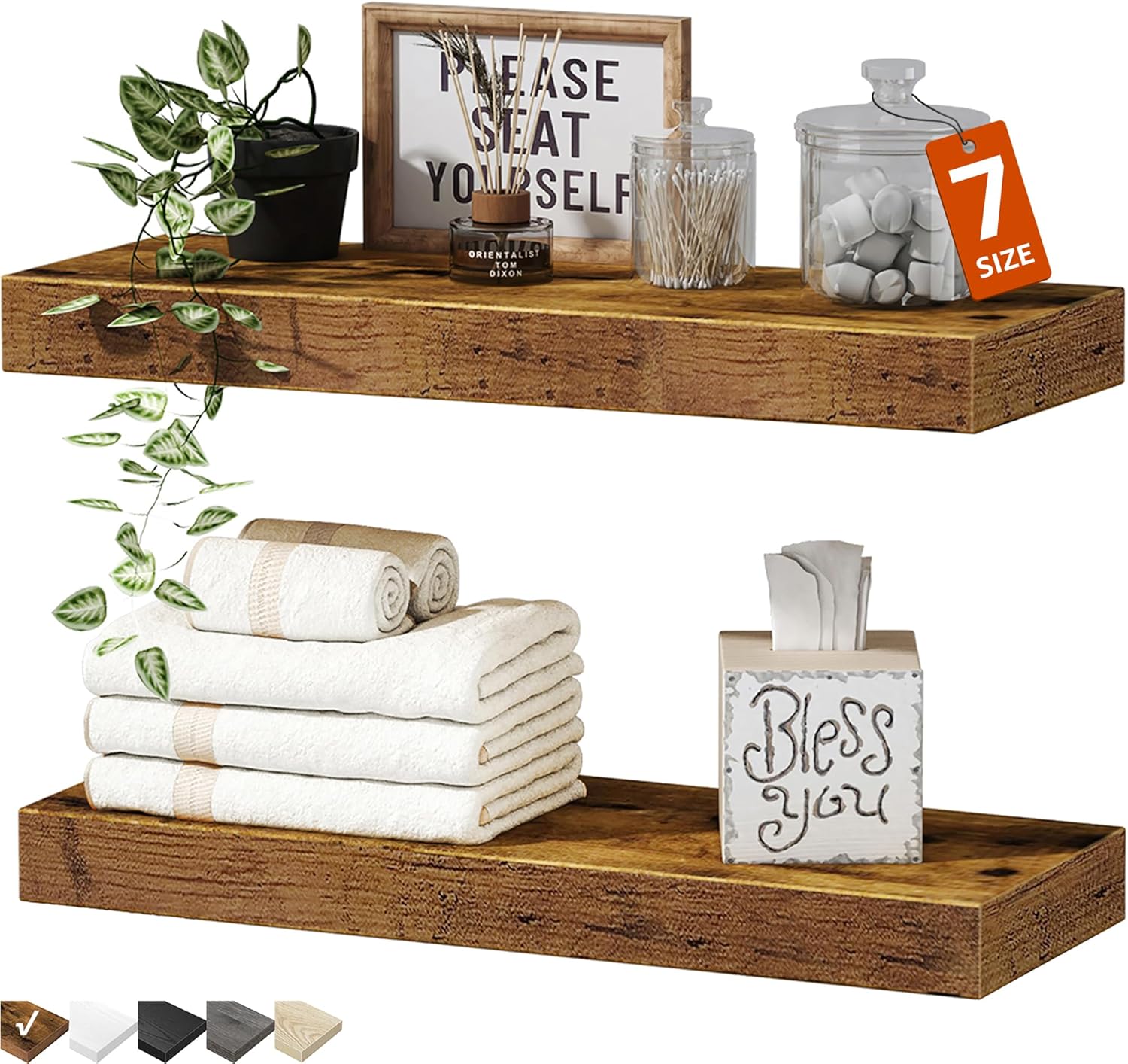 QEEIG Floating Shelves for Wall 35.4" Long - Wall Mounted Shelf Bathroom Kitchen Living Room Bedroom Farmhouse Home Decor Display Bookshelf Large 35.4 x 9.3 inch Set of 2, Rustic Brown (008-90BN)