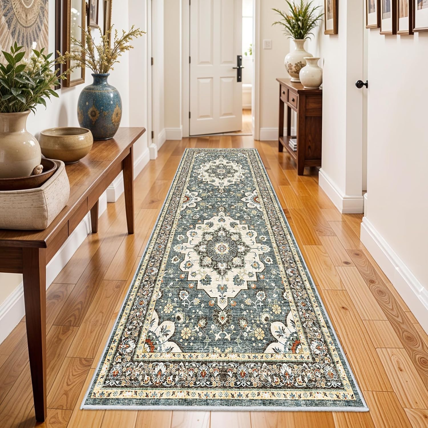 Washable Oriental Area Rug - 9x12 Rugs for Living Room Soft Carpet for Bedroom Waterproof Floral Distressed Indoor Stain Resistant Non-Shedding Floor Carpets (Green, 9x12)