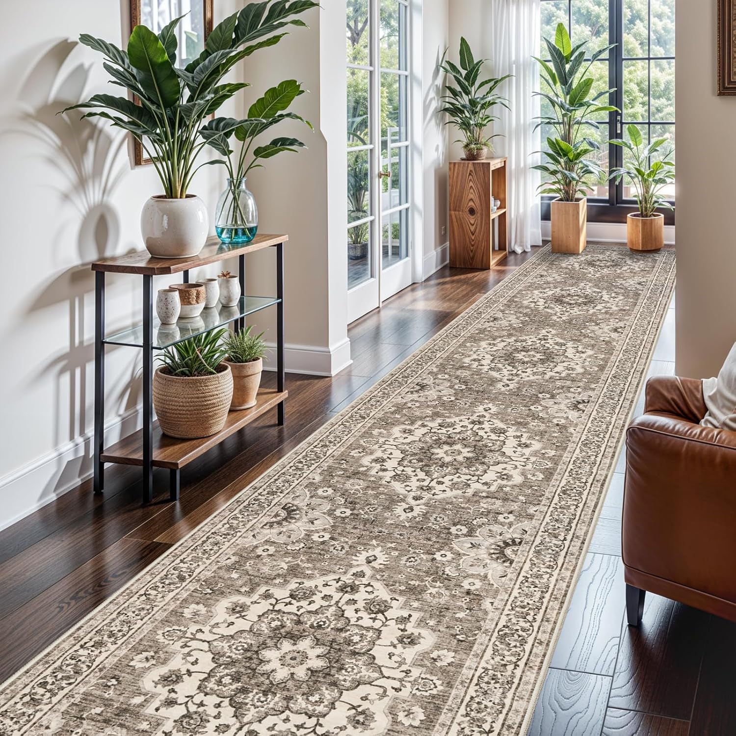 Washable Oriental Area Rug - 9x12 Rugs for Living Room Soft Carpet for Bedroom Waterproof Floral Distressed Indoor Stain Resistant Non-Shedding Floor Carpets (Green, 9x12)