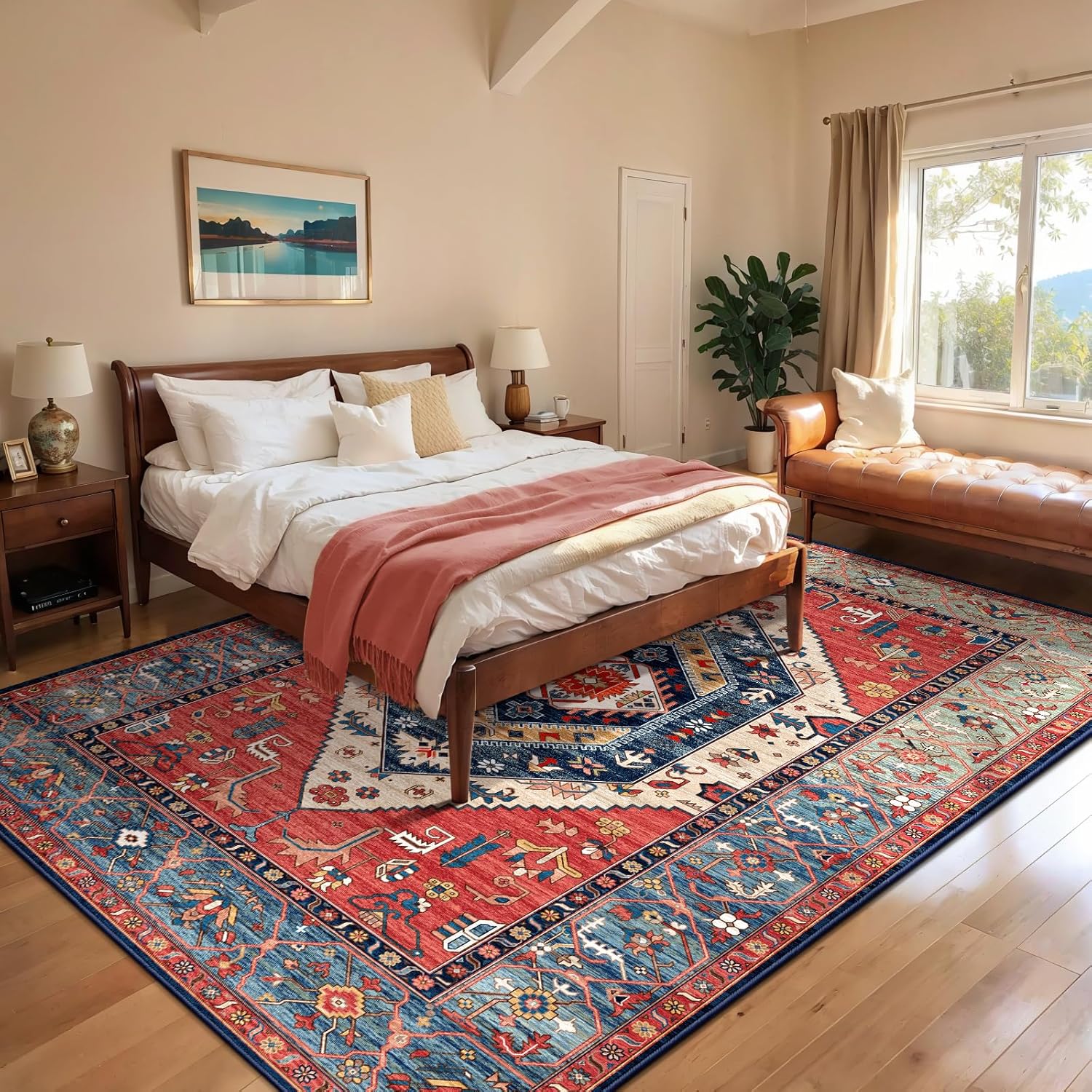 SERISSA Washable Rugs 8x10 Area Rugs, Large Non-Slip Boho Living Room Rust Rug, Ultra Soft Vintage Print Distressed Oriental Tribal Farmhouse Carpet for Dining Room Bedroom Dorm Office Home Decor