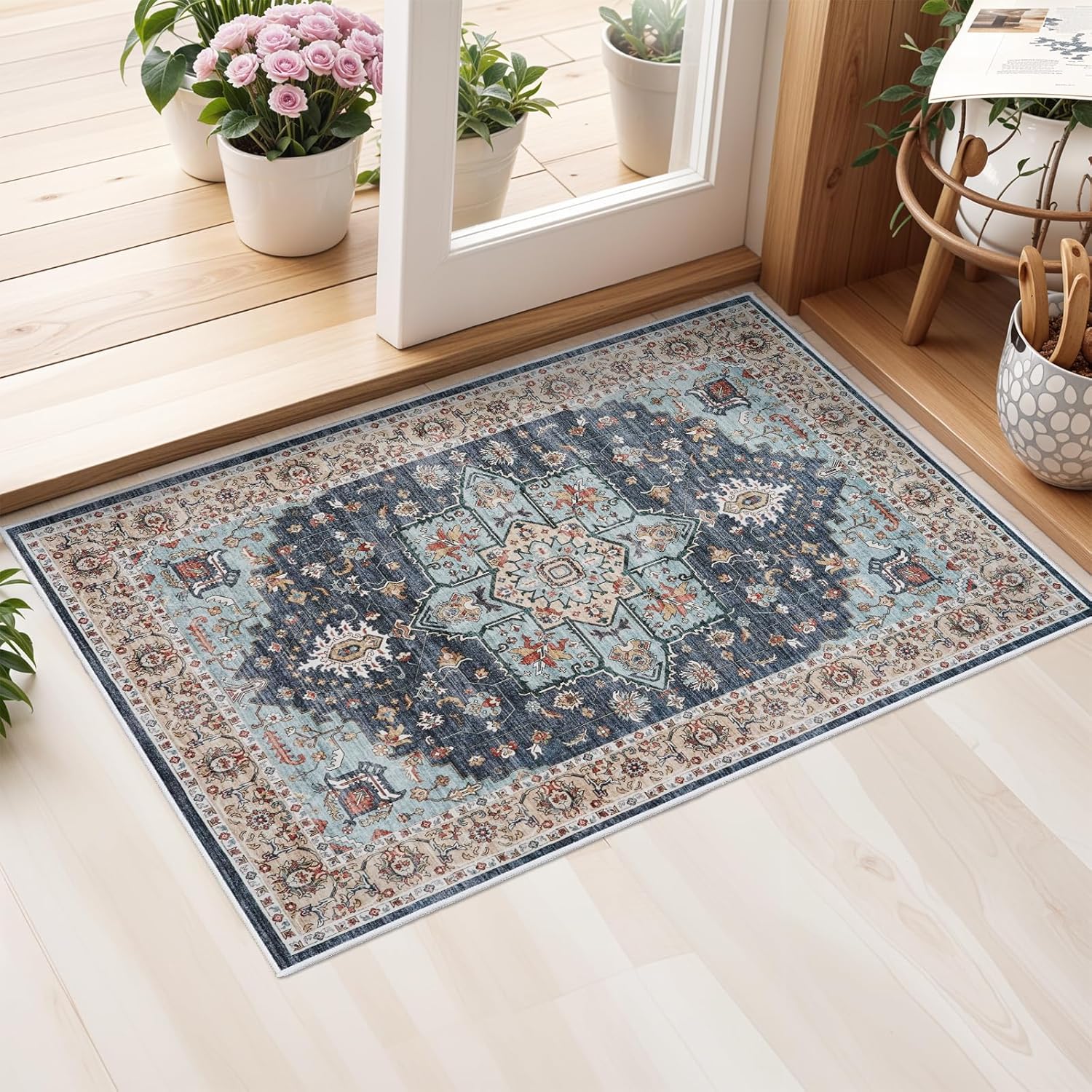 Washable Oriental Area Rug - 9x12 Rugs for Living Room Soft Carpet for Bedroom Waterproof Floral Distressed Indoor Stain Resistant Non-Shedding Floor Carpets (Green, 9x12)
