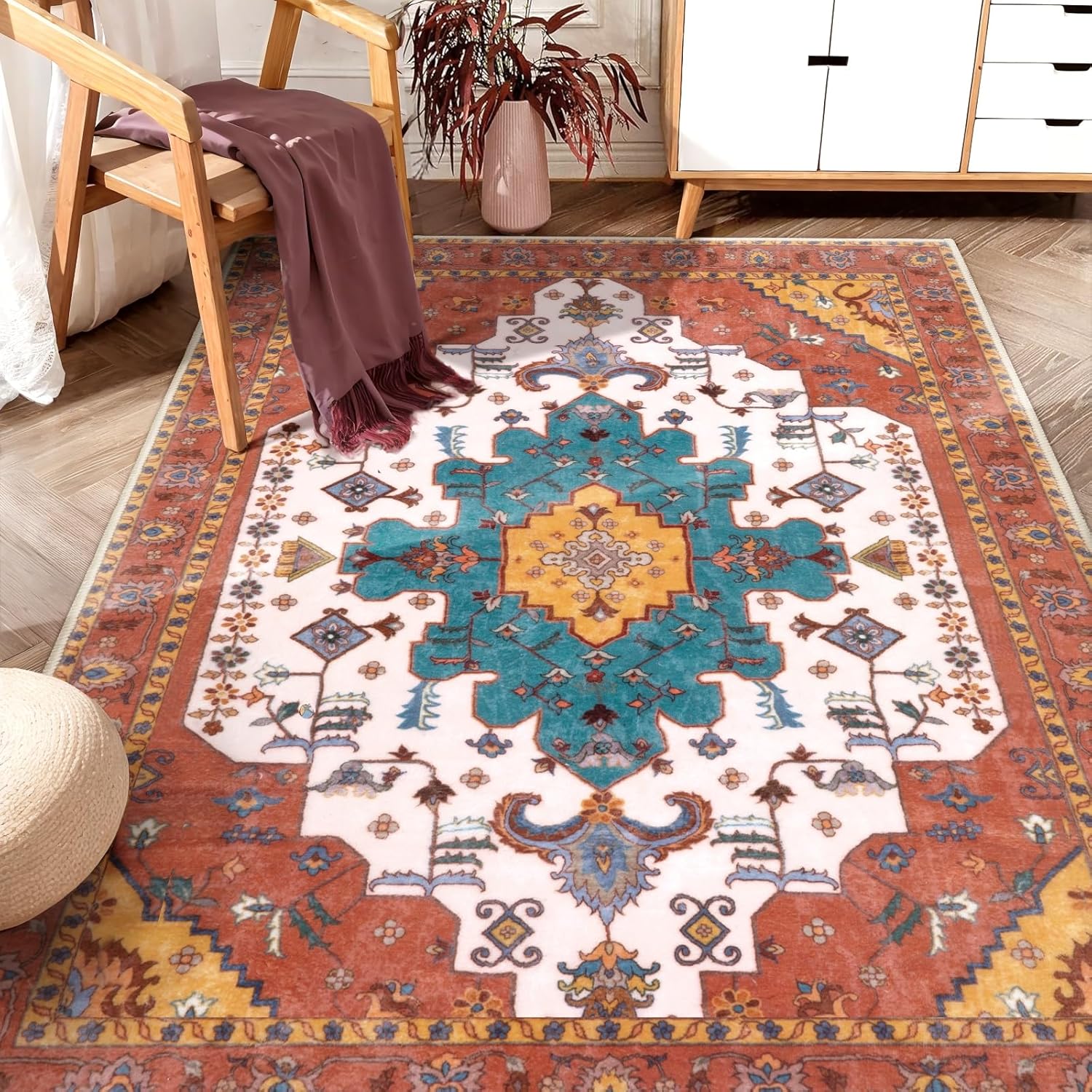 SERISSA Washable Rugs 8x10 Area Rugs, Large Non-Slip Boho Living Room Rust Rug, Ultra Soft Vintage Print Distressed Oriental Tribal Farmhouse Carpet for Dining Room Bedroom Dorm Office Home Decor