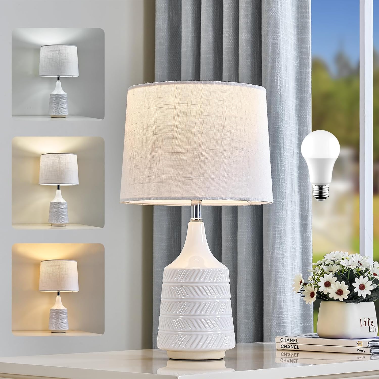White Ceramic Table Lamps Set of 2, Decor Farmhouse Lamps for Living Room End Tables, 18.5" Bedside Lamps for Night Stands, Modern Boho Lamp for Bedroom Office, 3-Color Temperature LED Bulbs Included
