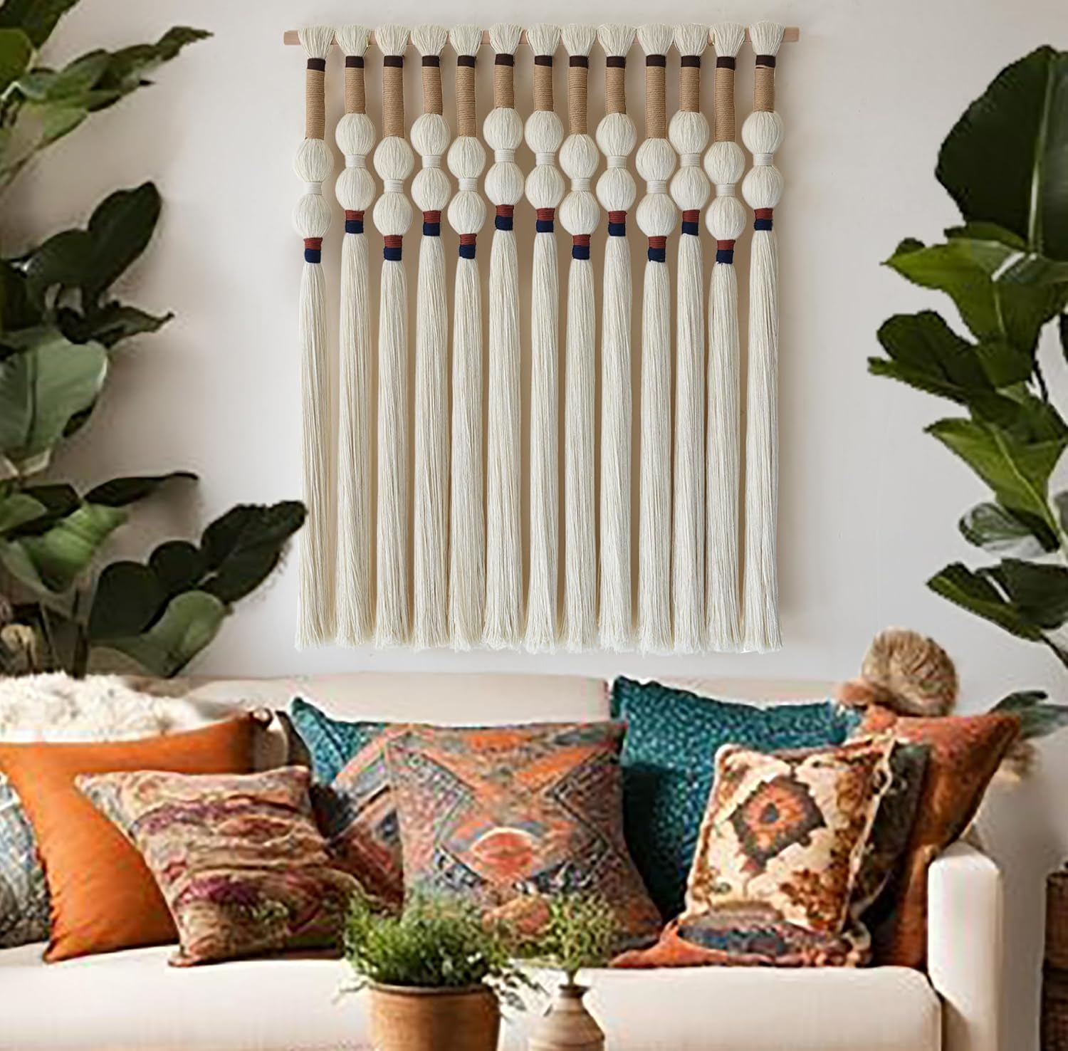 Flber Macrame Wall Hanging Woven Knot and Tassel Fringe Handmade Boho Wall Art for Bedroom, Living Room, or Entryway Decor 27" W x 29" L