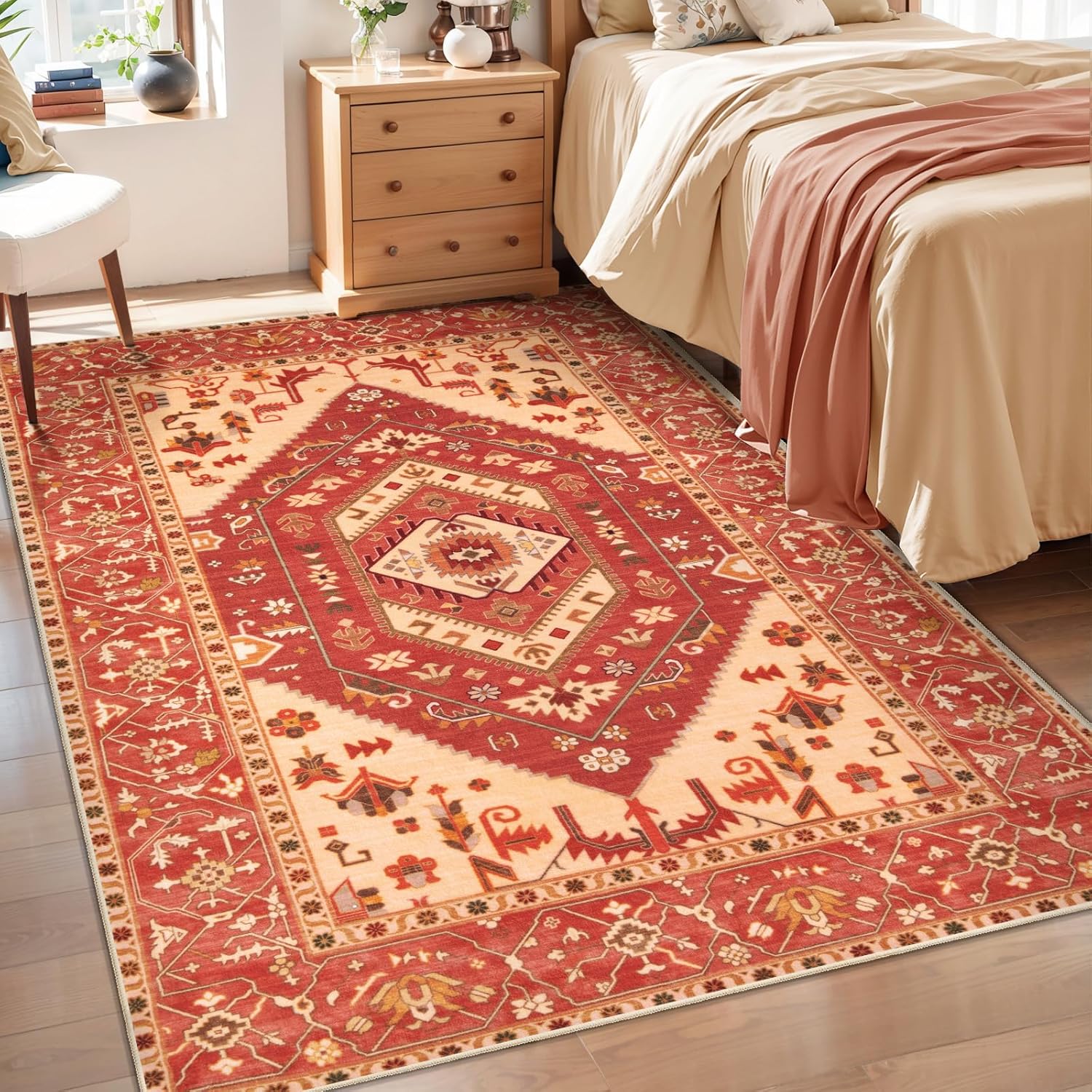 SERISSA Washable Rugs 8x10 Area Rugs, Large Non-Slip Boho Living Room Rust Rug, Ultra Soft Vintage Print Distressed Oriental Tribal Farmhouse Carpet for Dining Room Bedroom Dorm Office Home Decor