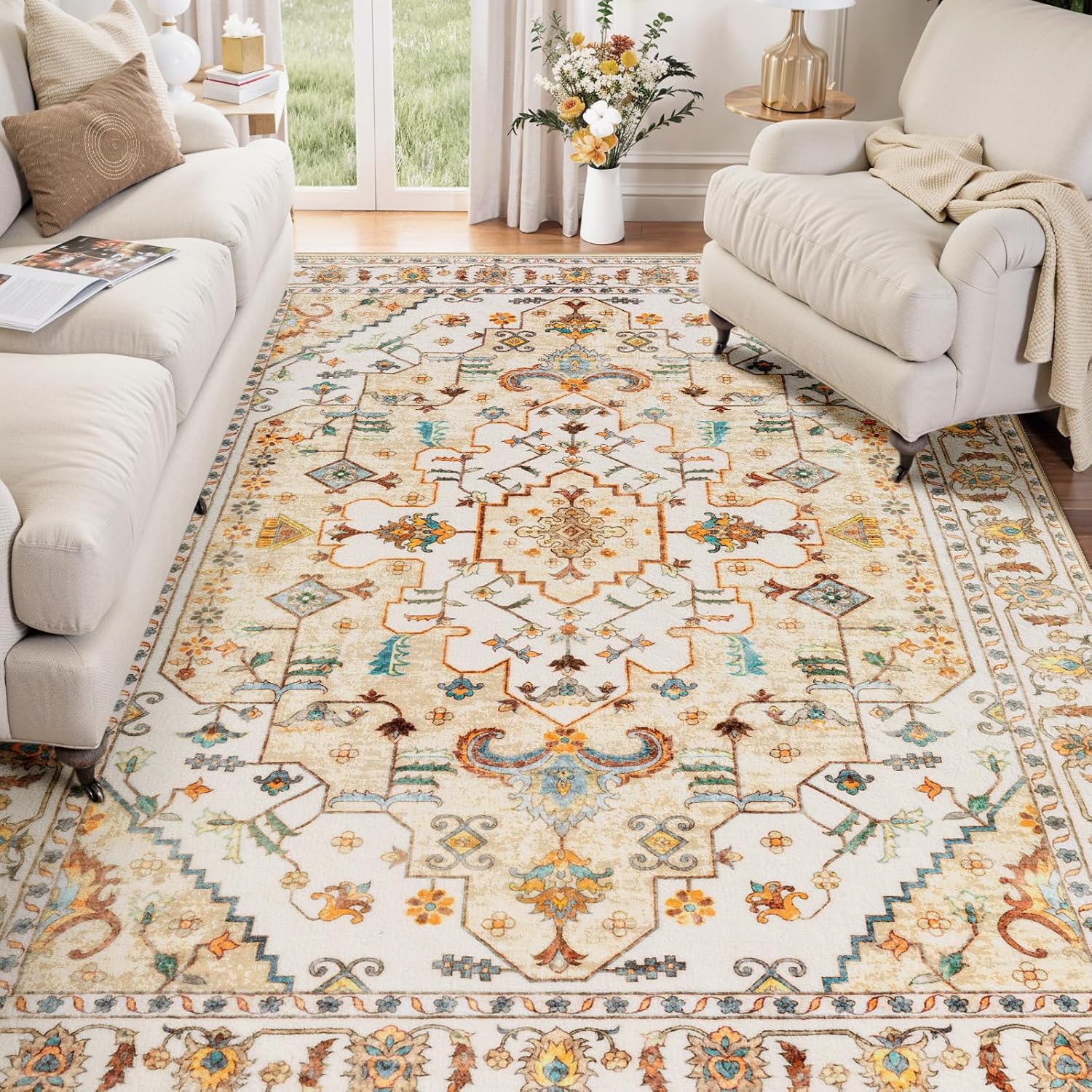 SERISSA Washable Rugs 8x10 Area Rugs, Large Non-Slip Boho Living Room Rust Rug, Ultra Soft Vintage Print Distressed Oriental Tribal Farmhouse Carpet for Dining Room Bedroom Dorm Office Home Decor