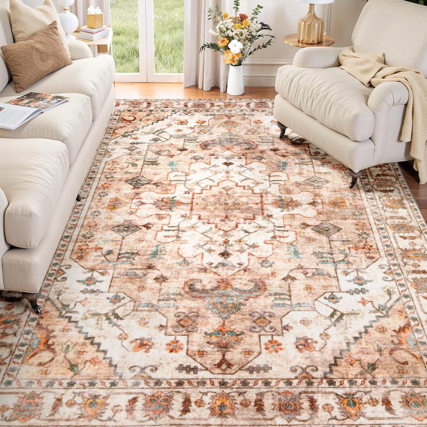 SERISSA Washable Rugs 8x10 Area Rugs, Large Non-Slip Boho Living Room Rust Rug, Ultra Soft Vintage Print Distressed Oriental Tribal Farmhouse Carpet for Dining Room Bedroom Dorm Office Home Decor