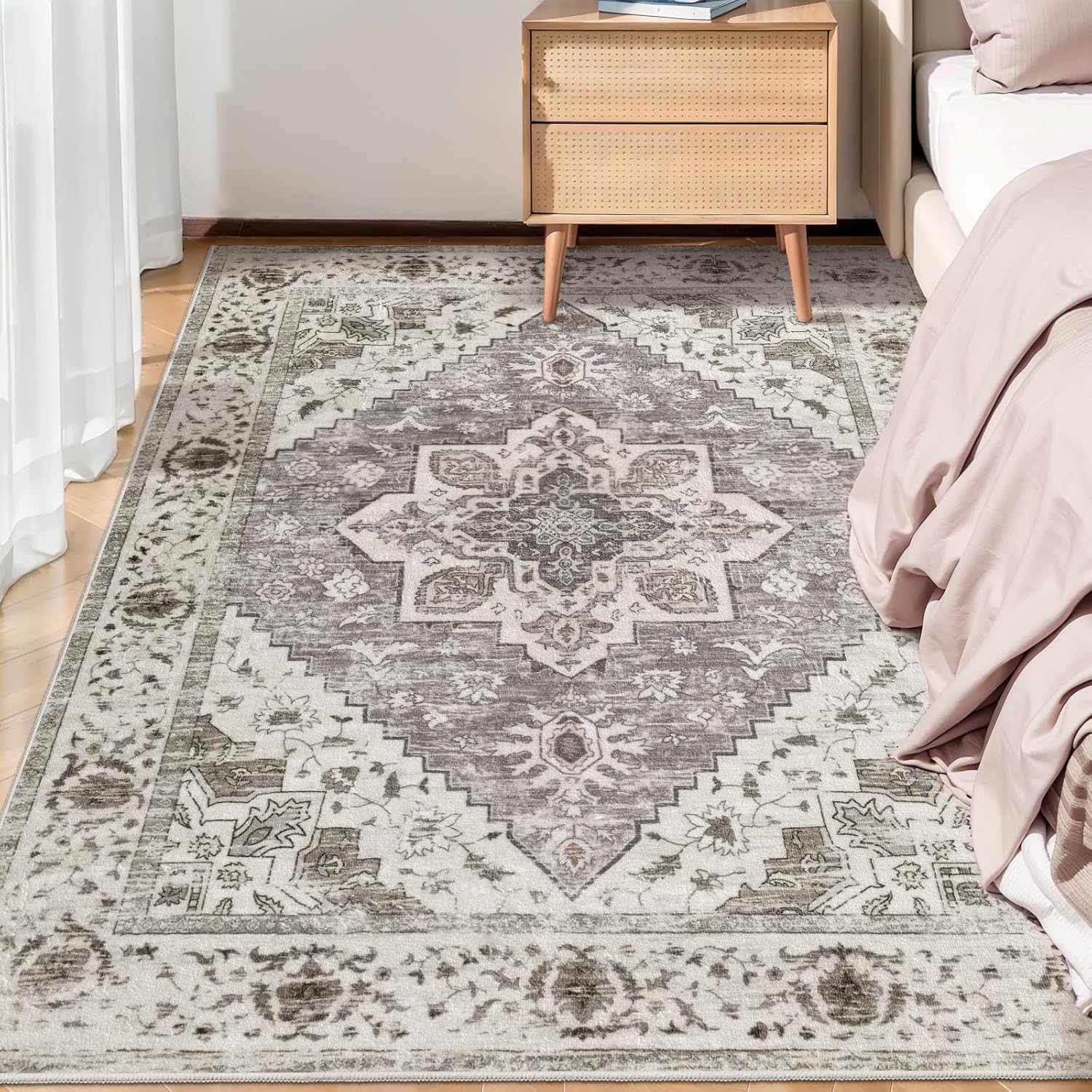 SERISSA Washable Rugs 8x10 Area Rugs, Large Non-Slip Boho Living Room Rust Rug, Ultra Soft Vintage Print Distressed Oriental Tribal Farmhouse Carpet for Dining Room Bedroom Dorm Office Home Decor