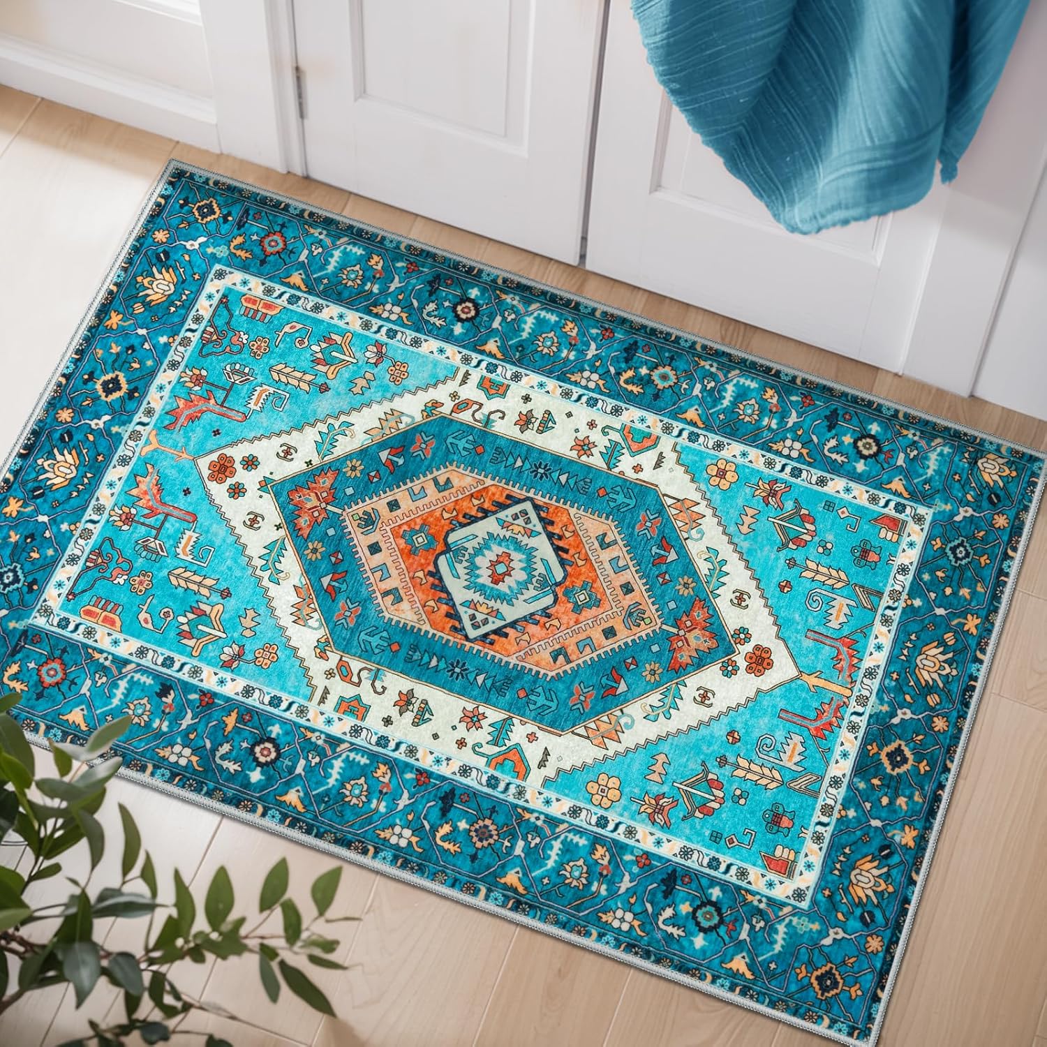 SERISSA Washable Rugs 8x10 Area Rugs, Large Non-Slip Boho Living Room Rust Rug, Ultra Soft Vintage Print Distressed Oriental Tribal Farmhouse Carpet for Dining Room Bedroom Dorm Office Home Decor
