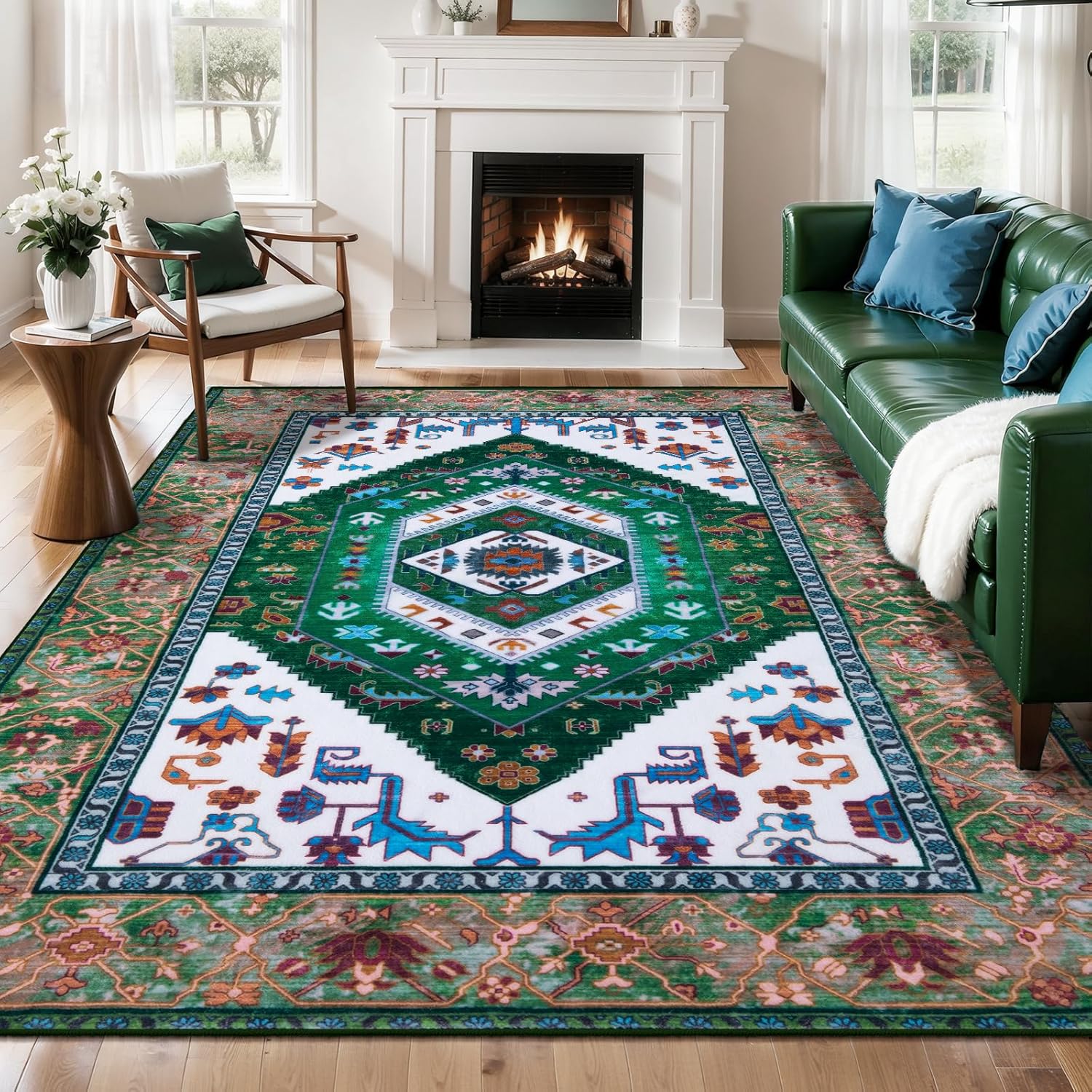 SERISSA Washable Rugs 8x10 Area Rugs, Large Non-Slip Boho Living Room Rust Rug, Ultra Soft Vintage Print Distressed Oriental Tribal Farmhouse Carpet for Dining Room Bedroom Dorm Office Home Decor