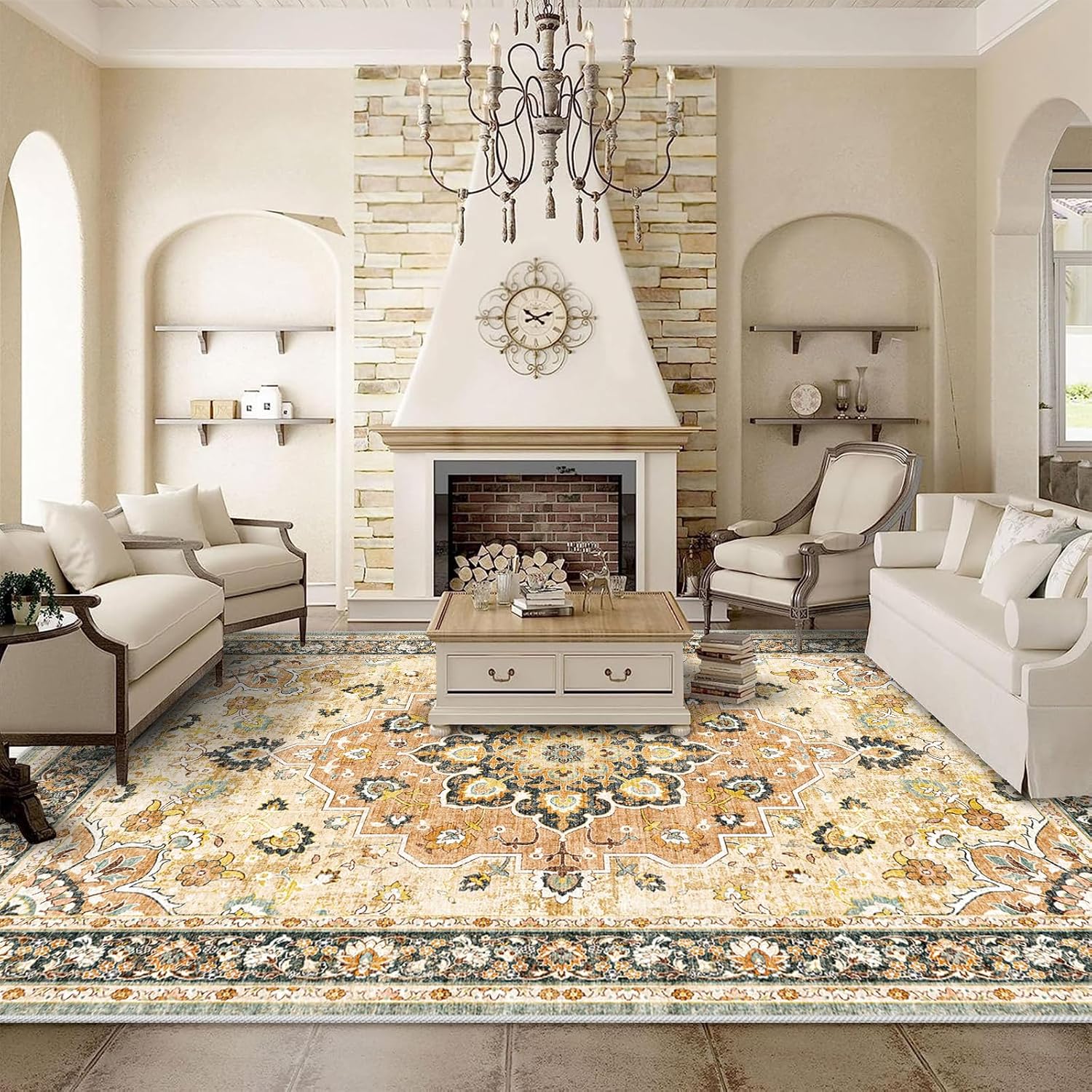 Washable Oriental Area Rug - 9x12 Rugs for Living Room Soft Carpet for Bedroom Waterproof Floral Distressed Indoor Stain Resistant Non-Shedding Floor Carpets (Green, 9x12)