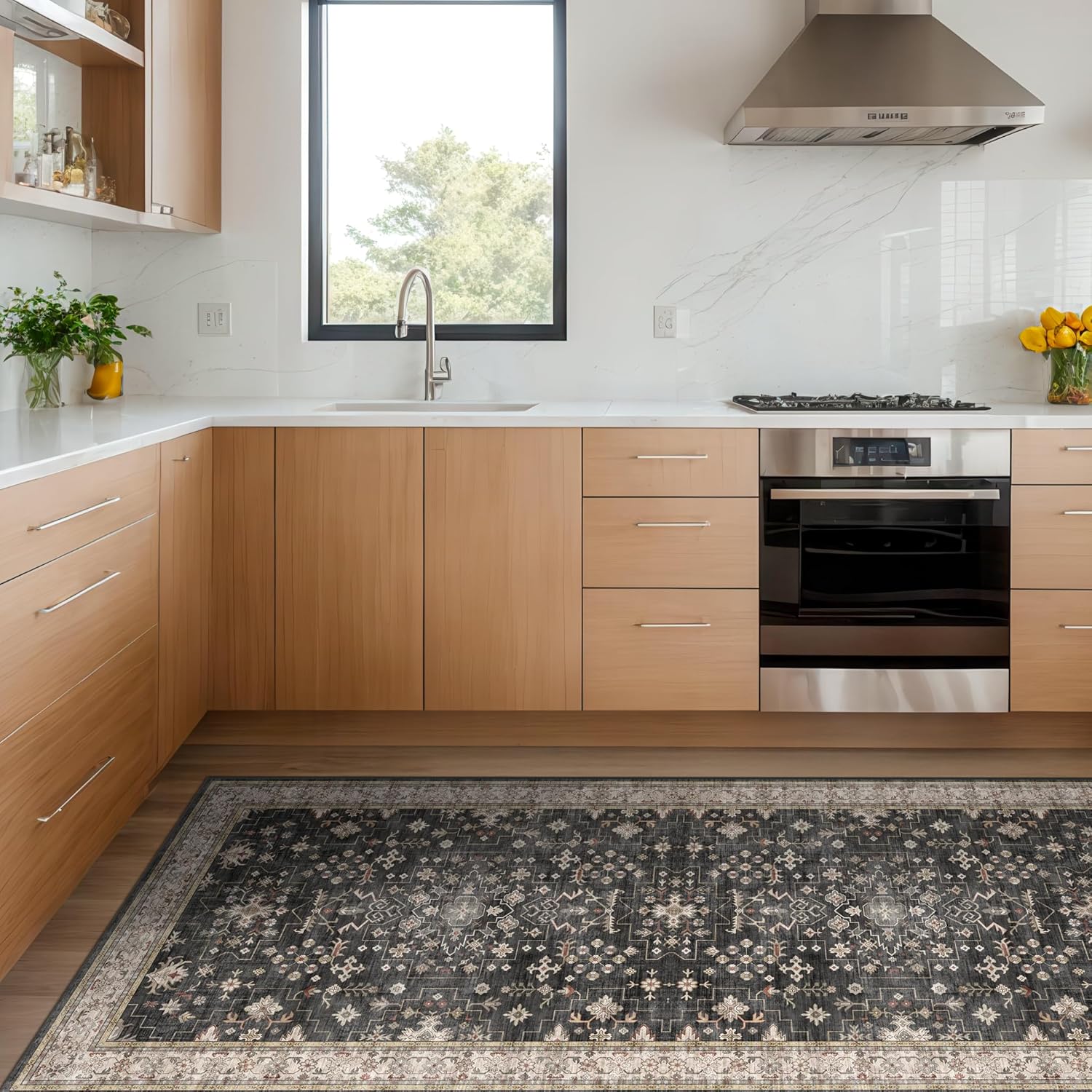 Black Farmhouse Washable 8x10 Area Rugs for Living Room, Bedroom, Dining Room Kitchen Table Rug for Under Table, Office, Dark Charcoal Tumble Stain Resistant Non-Slip Large Washable (8x10 Black/Multi)