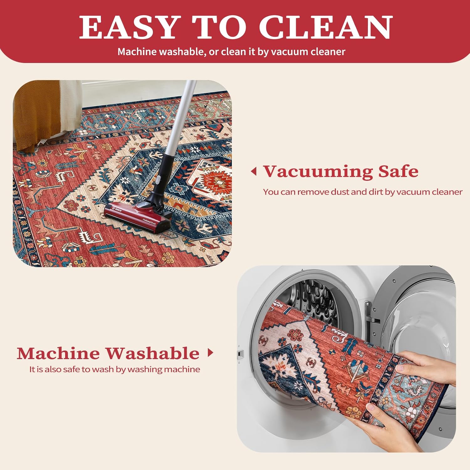 SERISSA Washable Rugs 8x10 Area Rugs, Large Non-Slip Boho Living Room Rust Rug, Ultra Soft Vintage Print Distressed Oriental Tribal Farmhouse Carpet for Dining Room Bedroom Dorm Office Home Decor