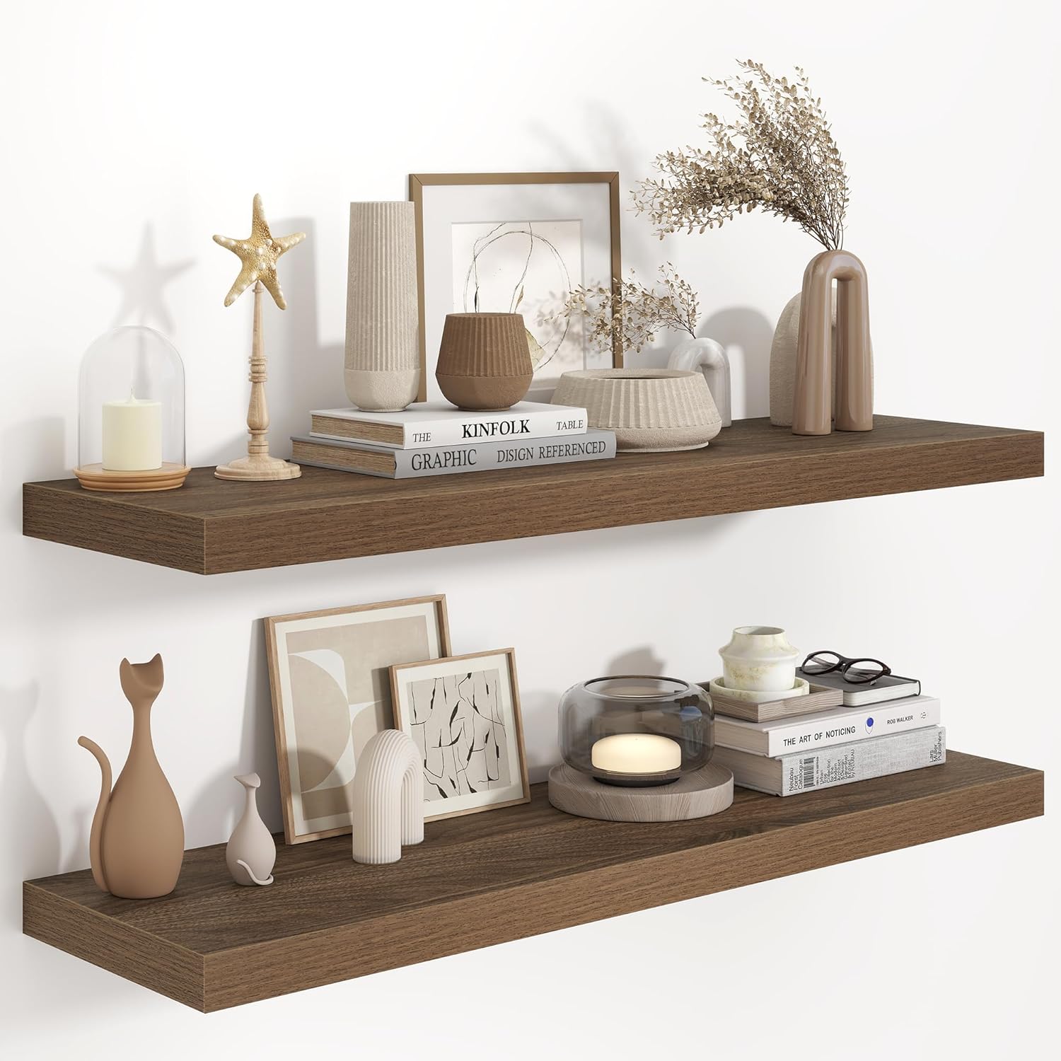 Fun Memories 36 Inch Long Floating Shelves for Wall, 9.3 Inch Deep Floating Shelf, 2 Packs Long Shelves for Bathroom, Living Room, Bedroom, Wall Mounted Storage Shelf for Books Decor, Rustic Brown