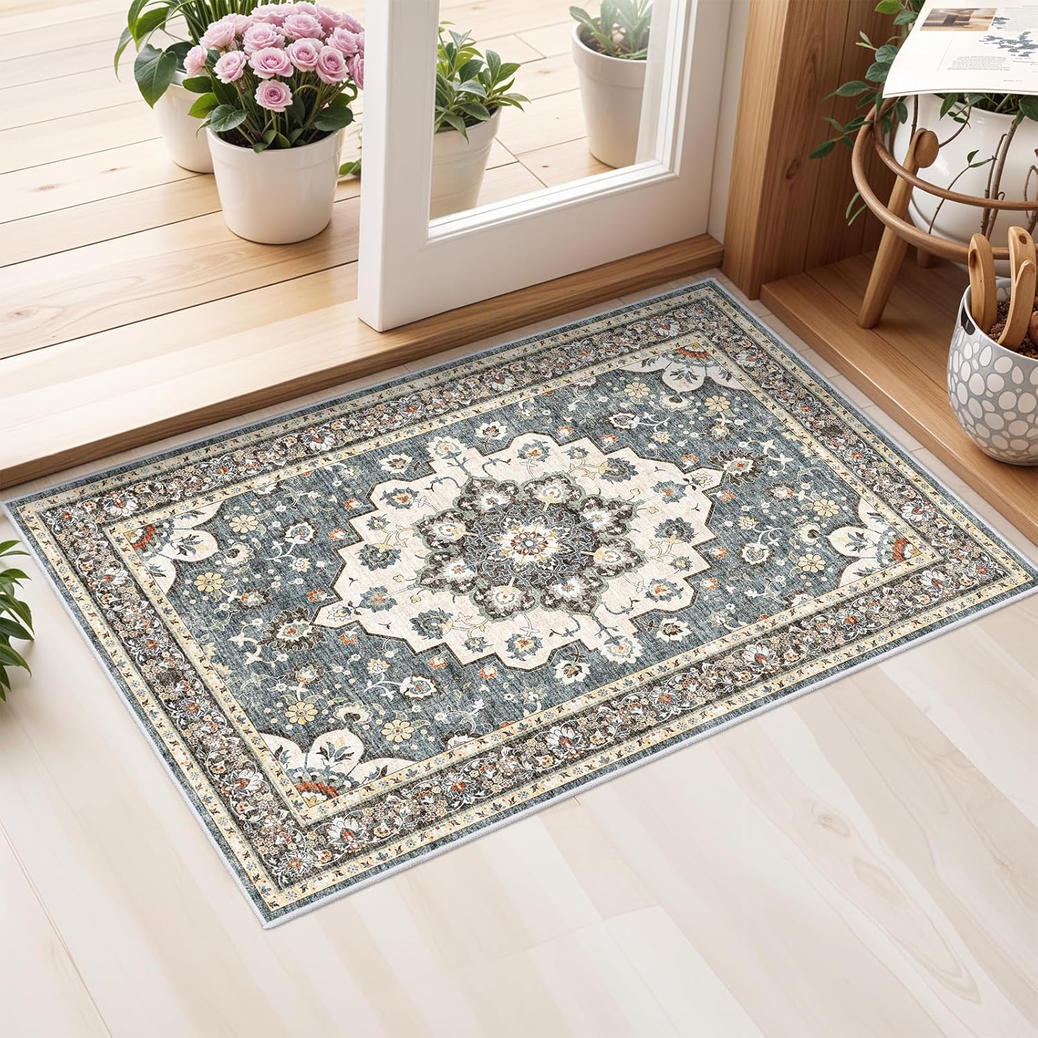 Washable Oriental Area Rug - 9x12 Rugs for Living Room Soft Carpet for Bedroom Waterproof Floral Distressed Indoor Stain Resistant Non-Shedding Floor Carpets (Green, 9x12)