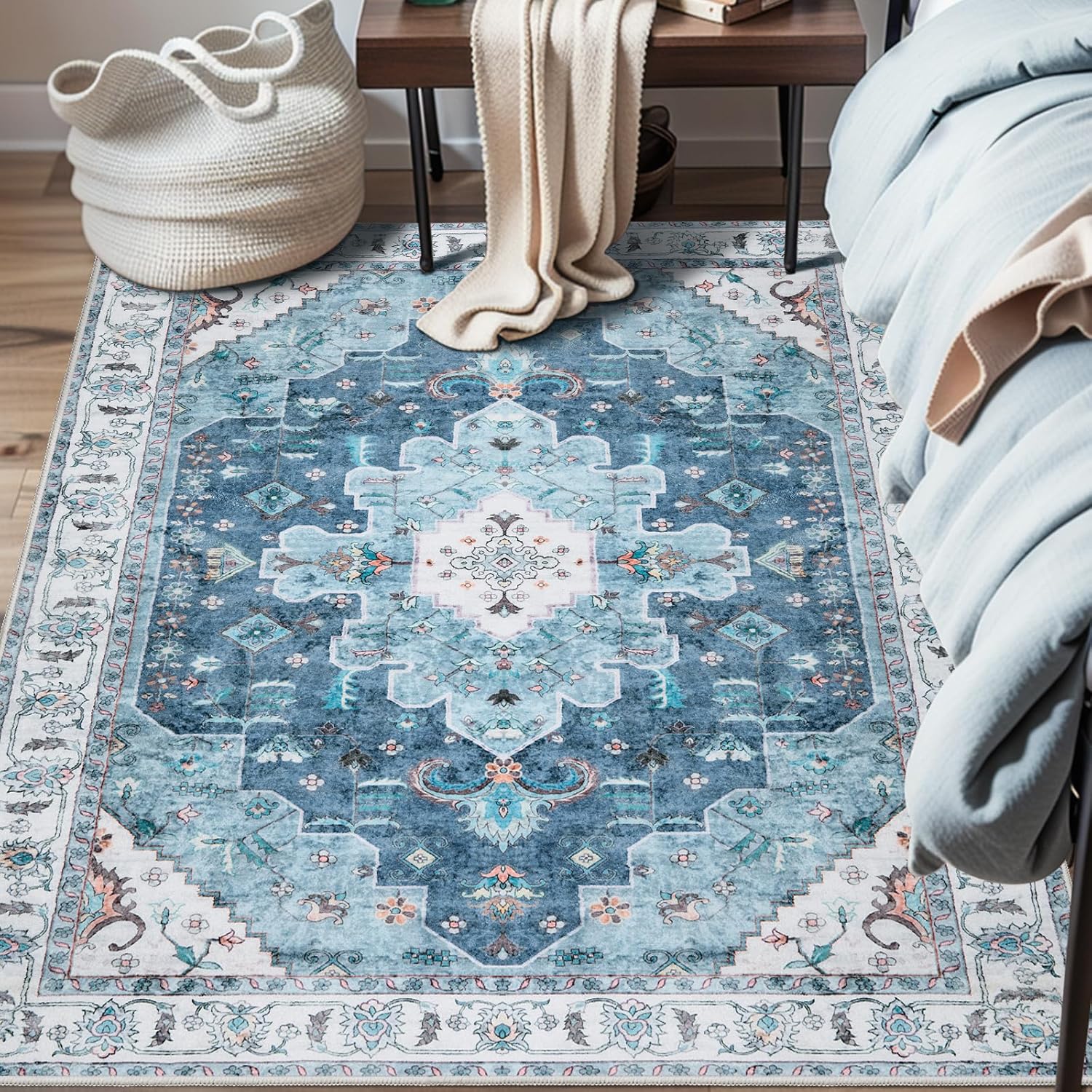 SERISSA Washable Rugs 8x10 Area Rugs, Large Non-Slip Boho Living Room Rust Rug, Ultra Soft Vintage Print Distressed Oriental Tribal Farmhouse Carpet for Dining Room Bedroom Dorm Office Home Decor