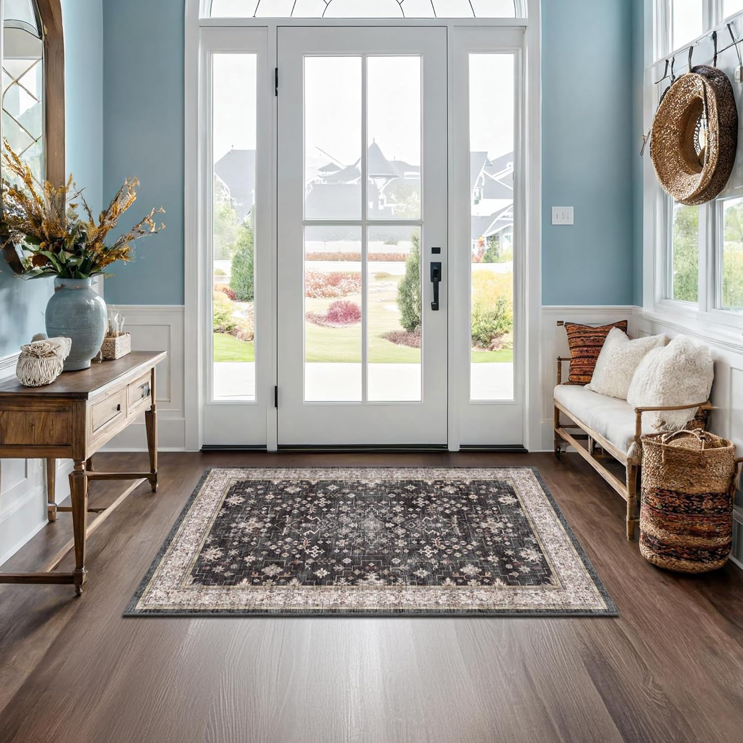 Black Farmhouse Washable 8x10 Area Rugs for Living Room, Bedroom, Dining Room Kitchen Table Rug for Under Table, Office, Dark Charcoal Tumble Stain Resistant Non-Slip Large Washable (8x10 Black/Multi)