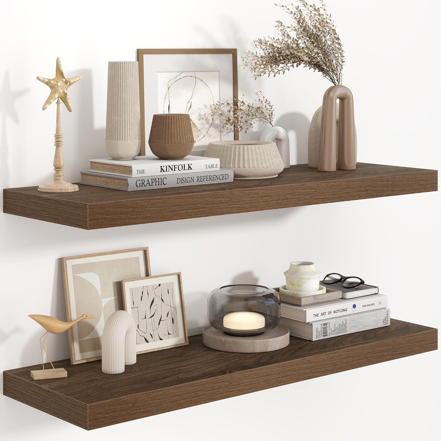 Fun Memories 36 Inch Long Floating Shelves for Wall, 9.3 Inch Deep Floating Shelf, 2 Packs Long Shelves for Bathroom, Living Room, Bedroom, Wall Mounted Storage Shelf for Books Decor, Rustic Brown