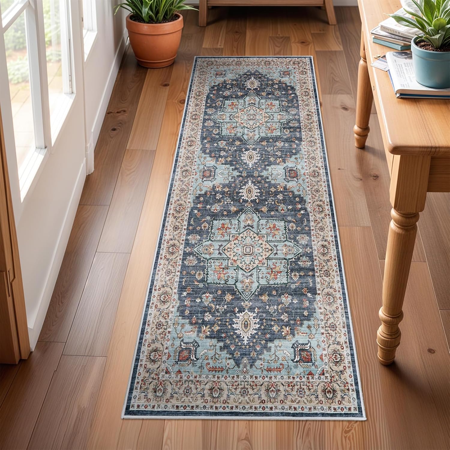 Washable Oriental Area Rug - 9x12 Rugs for Living Room Soft Carpet for Bedroom Waterproof Floral Distressed Indoor Stain Resistant Non-Shedding Floor Carpets (Green, 9x12)