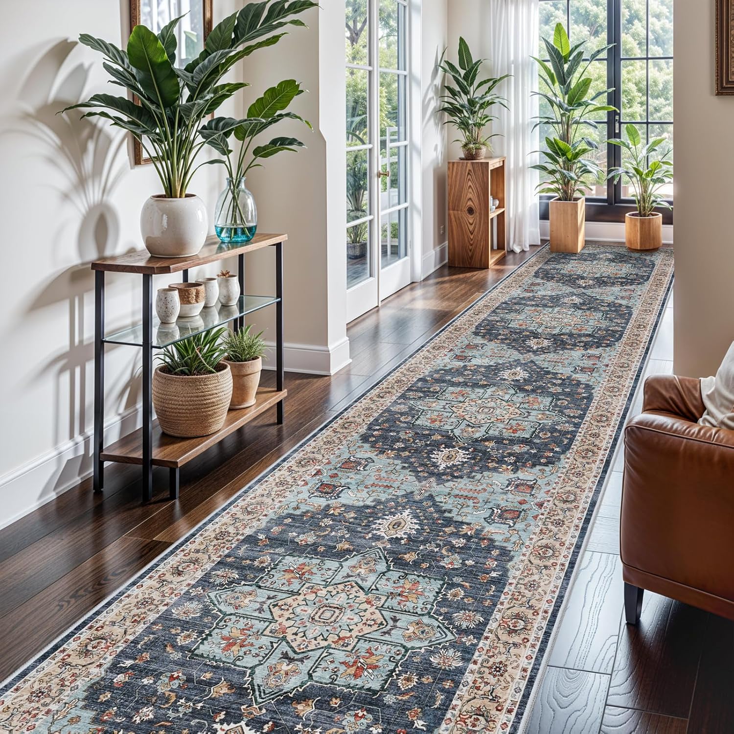 Washable Oriental Area Rug - 9x12 Rugs for Living Room Soft Carpet for Bedroom Waterproof Floral Distressed Indoor Stain Resistant Non-Shedding Floor Carpets (Green, 9x12)