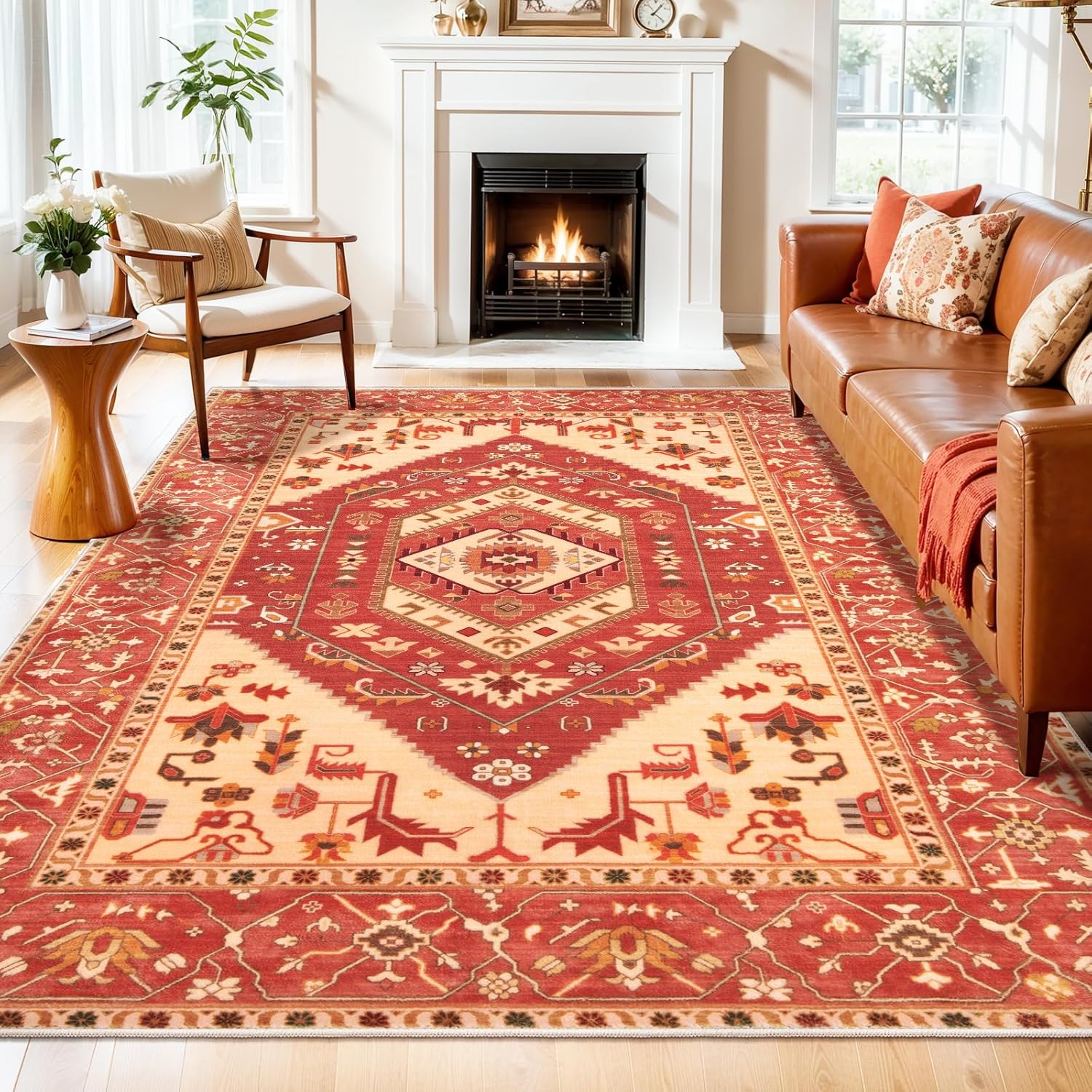 SERISSA Washable Rugs 8x10 Area Rugs, Large Non-Slip Boho Living Room Rust Rug, Ultra Soft Vintage Print Distressed Oriental Tribal Farmhouse Carpet for Dining Room Bedroom Dorm Office Home Decor