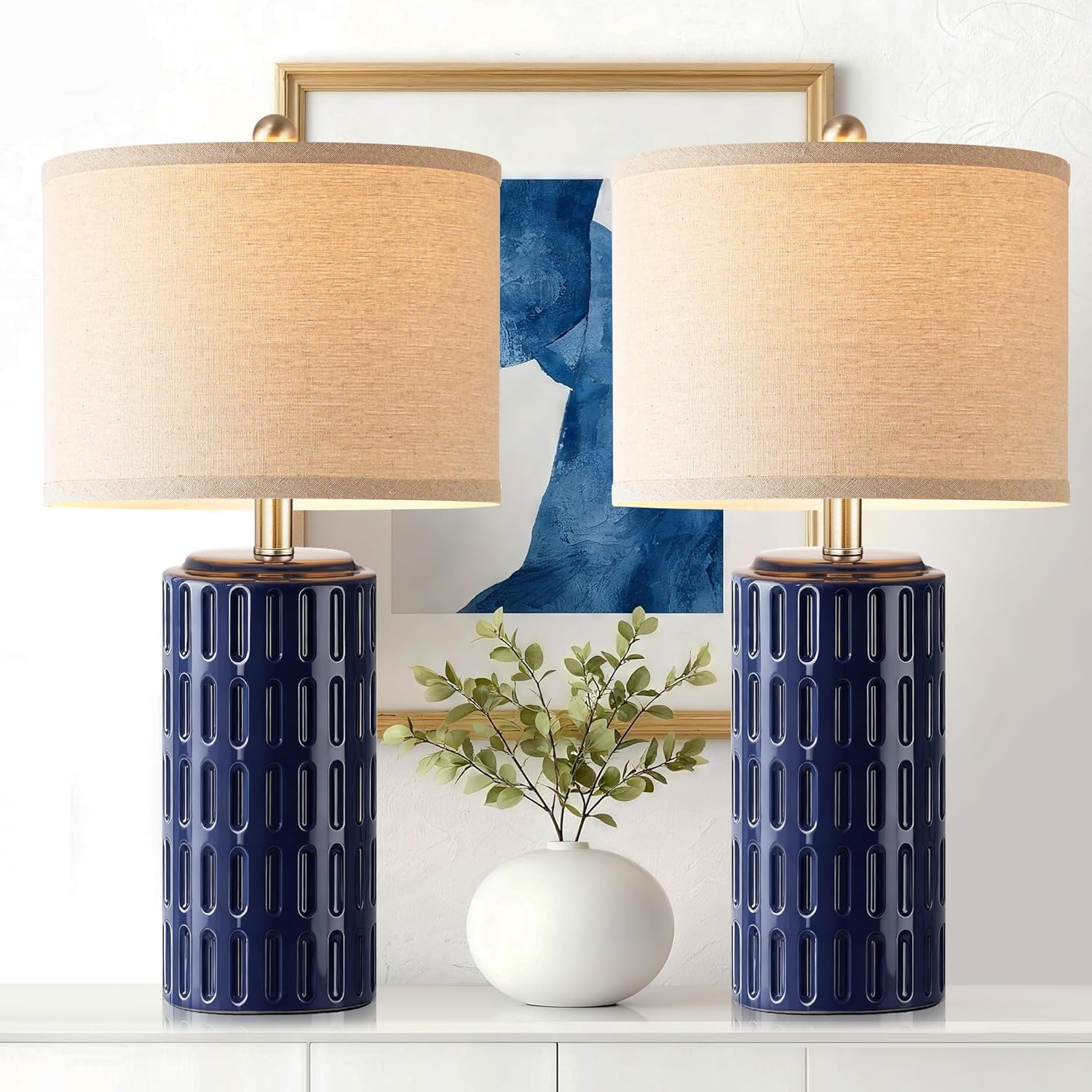 PARTPHONER 23" Modern Ceramic Table Lamp Set of 2, Table Lamps for Living Room, Rustic Farmhouse Bedside Lamps Nightstand lamp for Bedroom, White Desk Lamp for End Table Home Decor Beige