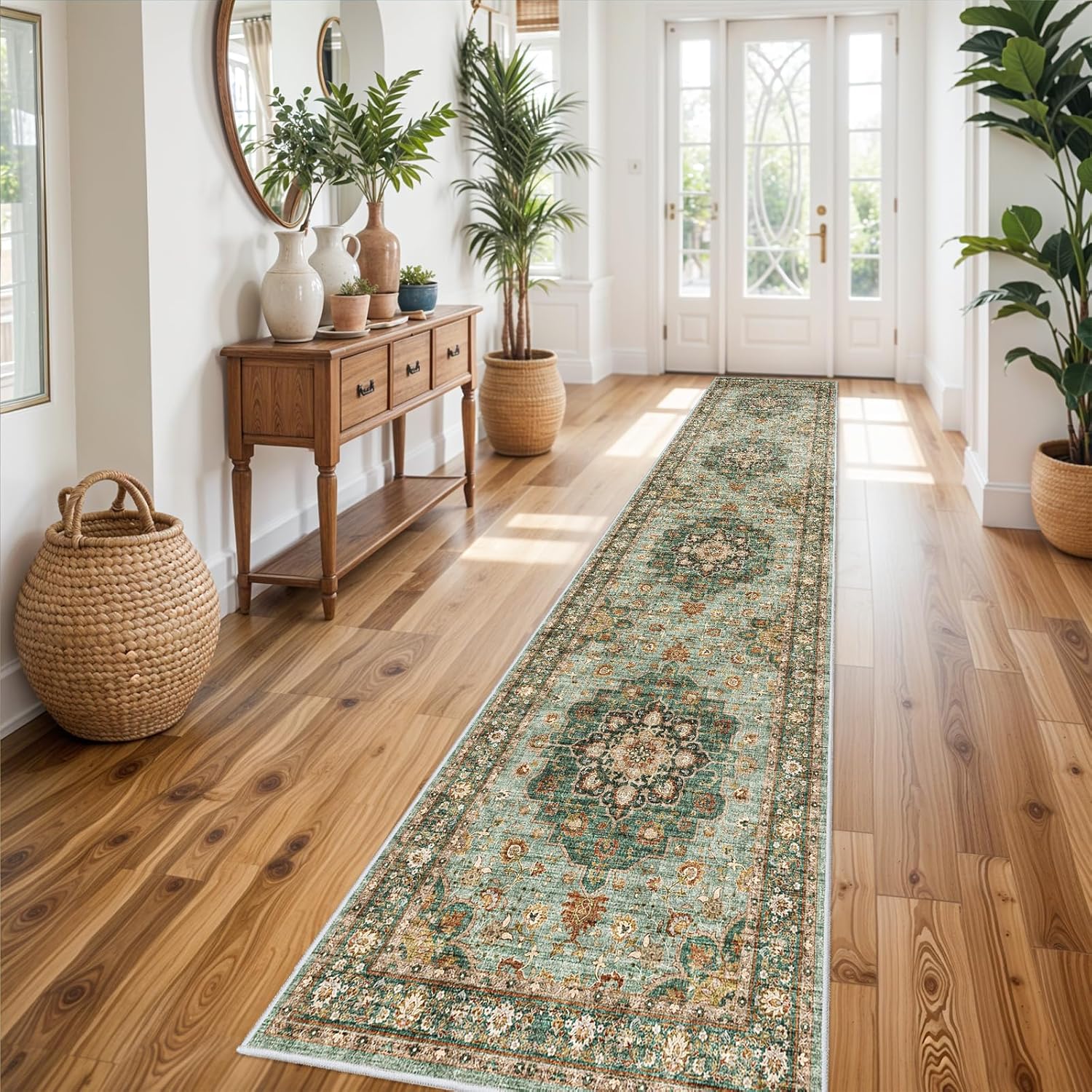 Washable Oriental Area Rug - 9x12 Rugs for Living Room Soft Carpet for Bedroom Waterproof Floral Distressed Indoor Stain Resistant Non-Shedding Floor Carpets (Green, 9x12)