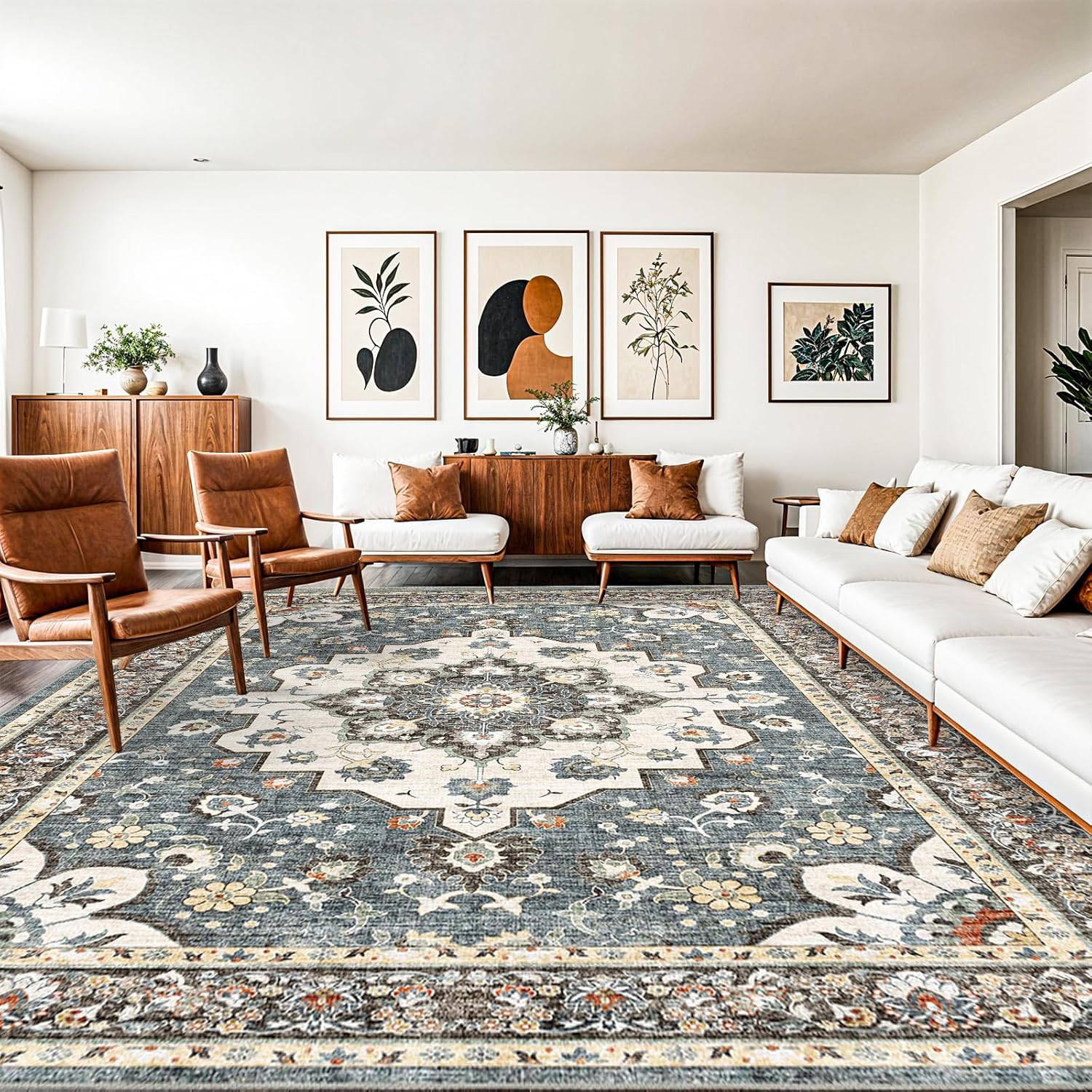 Washable Oriental Area Rug - 9x12 Rugs for Living Room Soft Carpet for Bedroom Waterproof Floral Distressed Indoor Stain Resistant Non-Shedding Floor Carpets (Green, 9x12)