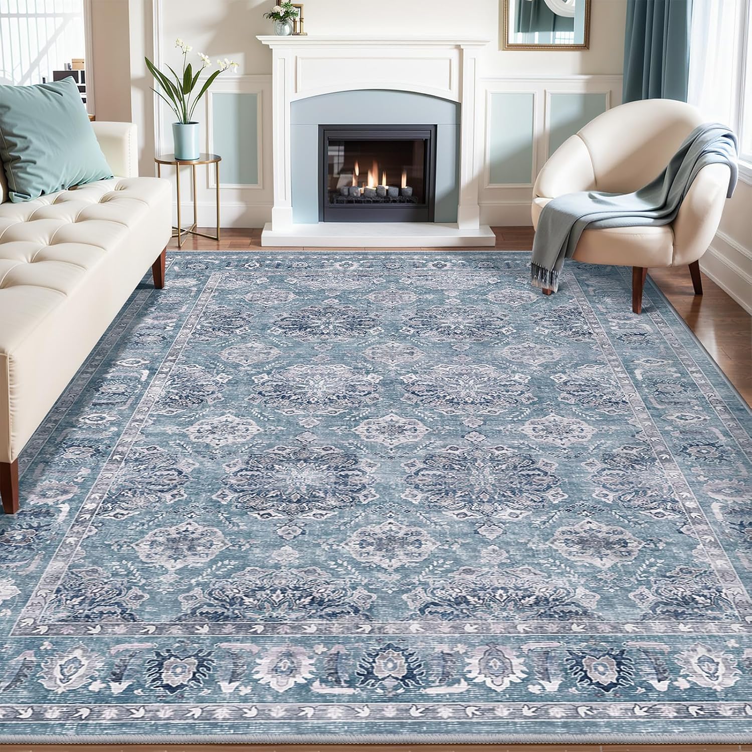 SERISSA Washable Rugs 8x10 Area Rugs, Large Non-Slip Boho Living Room Rust Rug, Ultra Soft Vintage Print Distressed Oriental Tribal Farmhouse Carpet for Dining Room Bedroom Dorm Office Home Decor