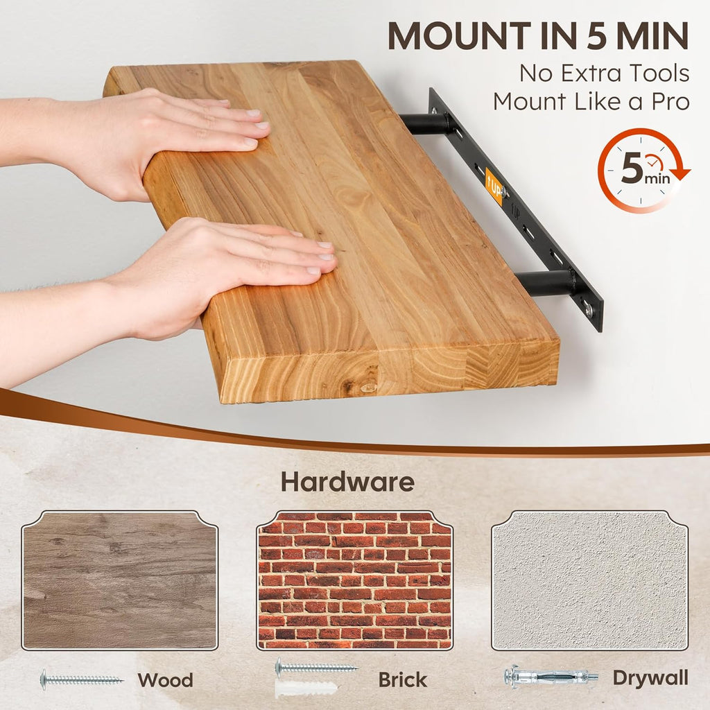 Floating Shelves Set of 2, Solid Elm Wood Wall Shelves 24 Inch - Invisible Bracket Mount for Living Room, Bedroom, Kitchen, Bathroom - Natural