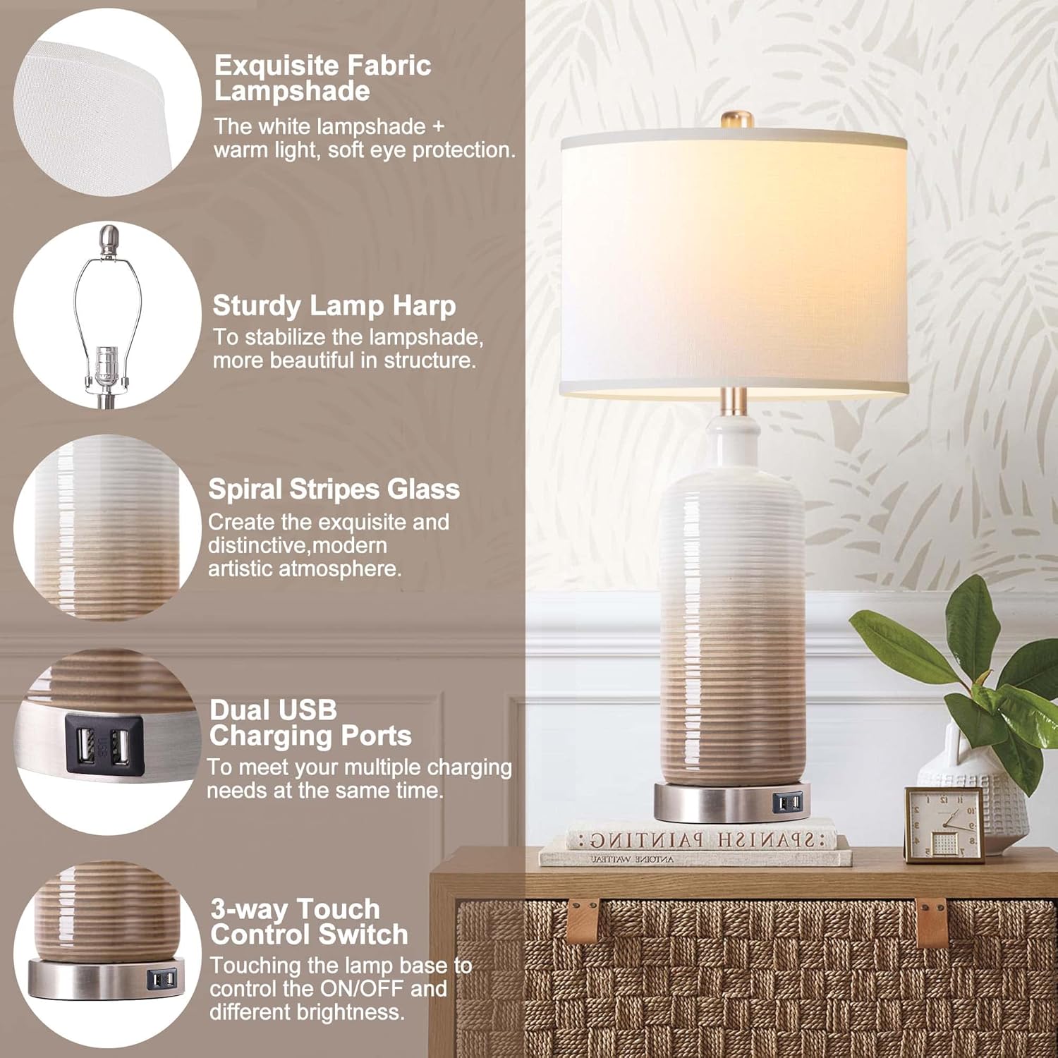 Ceramic Table Lamps Set of 2 with Dual USB Charging Ports, 3-way Dimmable Touch Control Bedside Lamps for Bedroom Living Room, Contemporary Nightstand Lamps with White Linen Drum Shade Bulbs Included