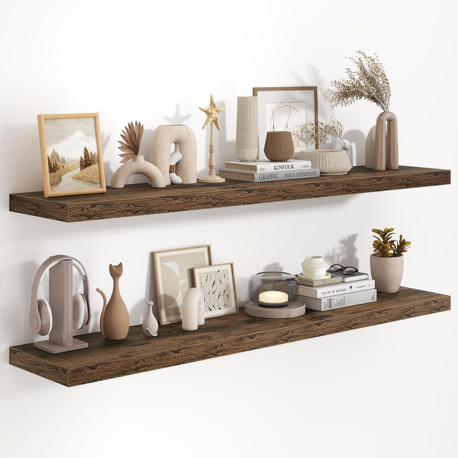 Fun Memories 36 Inch Long Floating Shelves for Wall, 9.3 Inch Deep Floating Shelf, 2 Packs Long Shelves for Bathroom, Living Room, Bedroom, Wall Mounted Storage Shelf for Books Decor, Rustic Brown