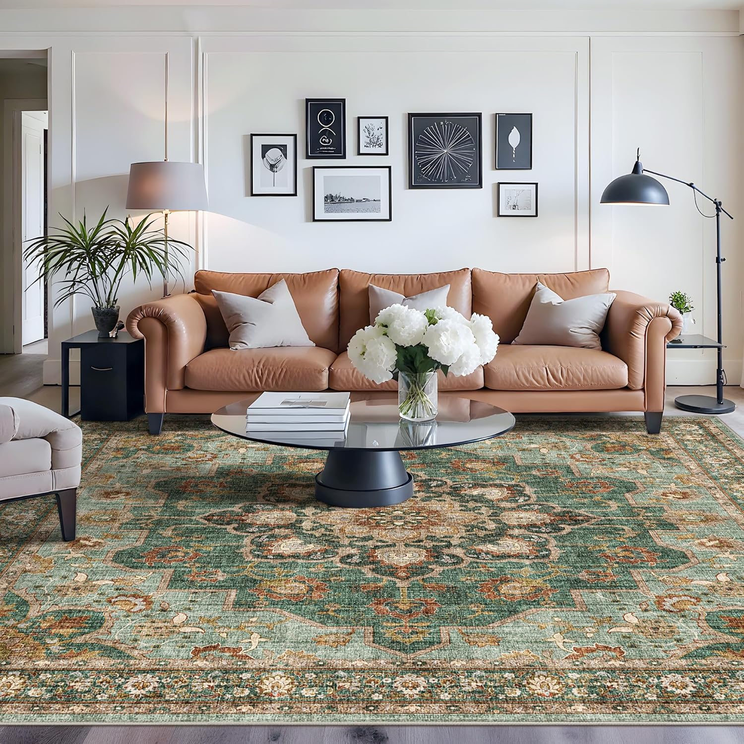 Washable Oriental Area Rug - 9x12 Rugs for Living Room Soft Carpet for Bedroom Waterproof Floral Distressed Indoor Stain Resistant Non-Shedding Floor Carpets (Green, 9x12)