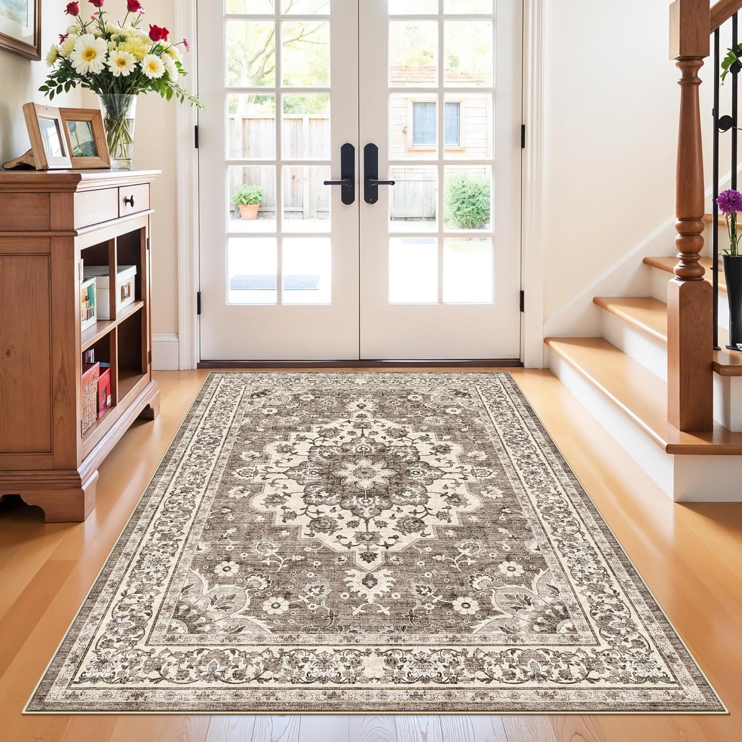 Washable Oriental Area Rug - 9x12 Rugs for Living Room Soft Carpet for Bedroom Waterproof Floral Distressed Indoor Stain Resistant Non-Shedding Floor Carpets (Green, 9x12)