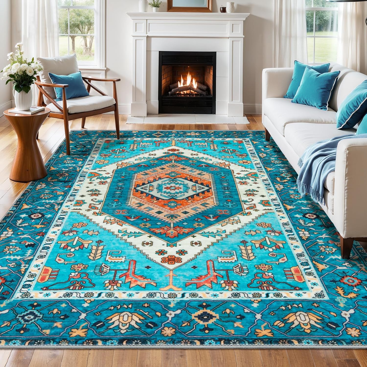 SERISSA Washable Rugs 8x10 Area Rugs, Large Non-Slip Boho Living Room Rust Rug, Ultra Soft Vintage Print Distressed Oriental Tribal Farmhouse Carpet for Dining Room Bedroom Dorm Office Home Decor