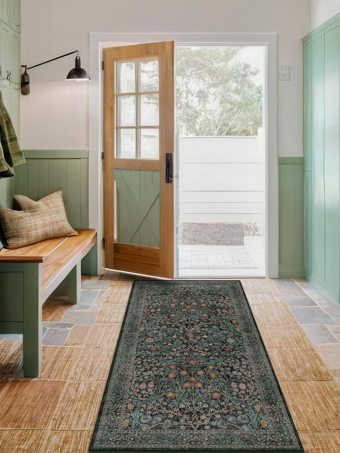 Vintage Dark Green Living Room Rug, 8x10 Washable Area Rugs for Dining Room Under Kitchen Table, Bedroom, Oriental Low Pile Stain Resistant Non-Slip Large Carpet (8x10 Dark Green)