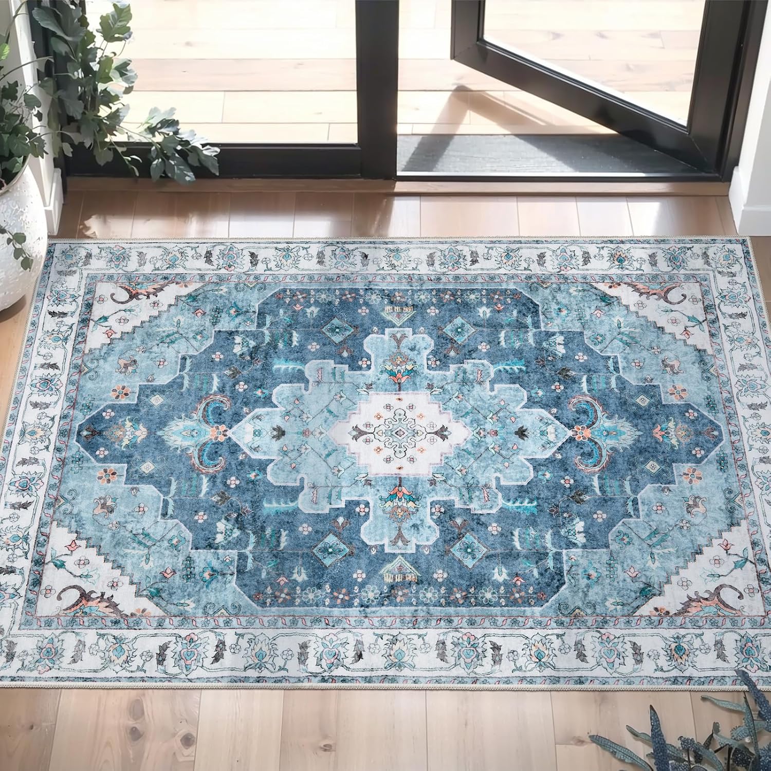 SERISSA Washable Rugs 8x10 Area Rugs, Large Non-Slip Boho Living Room Rust Rug, Ultra Soft Vintage Print Distressed Oriental Tribal Farmhouse Carpet for Dining Room Bedroom Dorm Office Home Decor