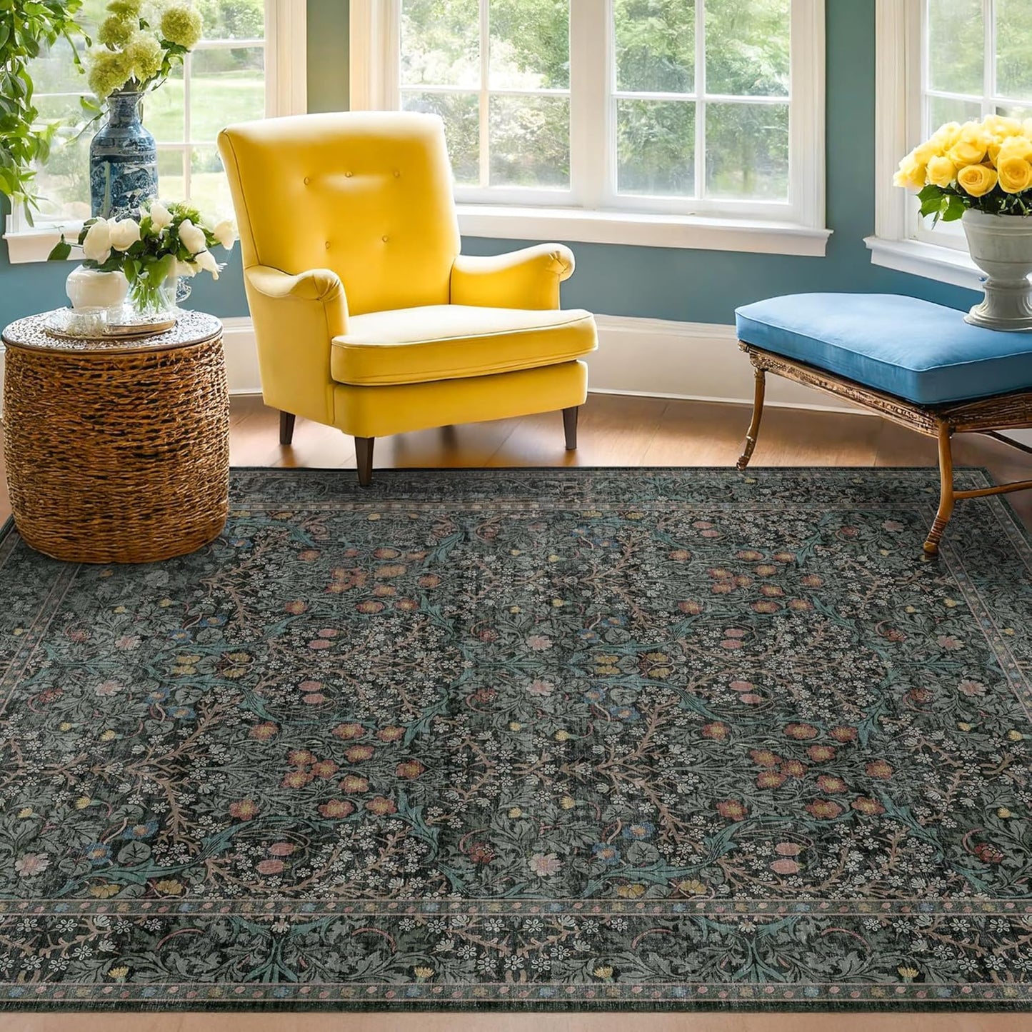 Vintage Dark Green Living Room Rug, 8x10 Washable Area Rugs for Dining Room Under Kitchen Table, Bedroom, Oriental Low Pile Stain Resistant Non-Slip Large Carpet (8x10 Dark Green)
