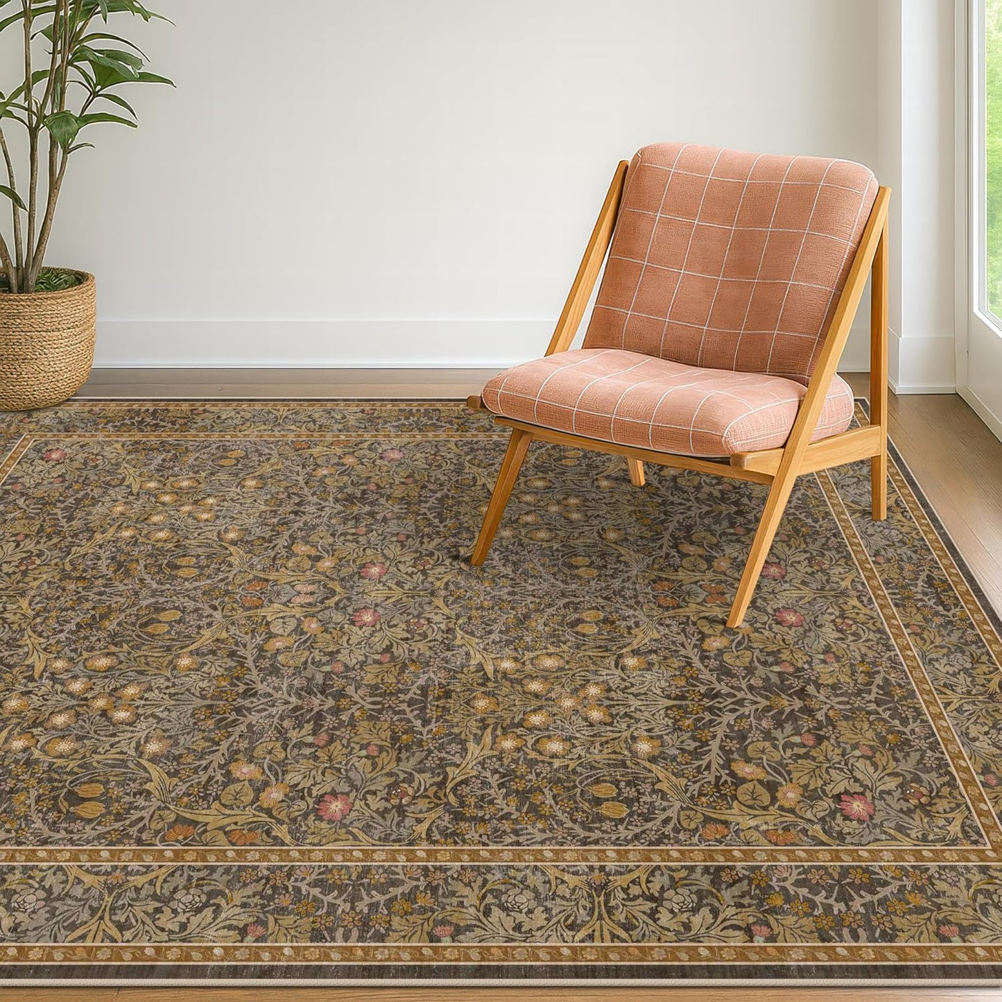 Vintage Dark Green Living Room Rug, 8x10 Washable Area Rugs for Dining Room Under Kitchen Table, Bedroom, Oriental Low Pile Stain Resistant Non-Slip Large Carpet (8x10 Dark Green)