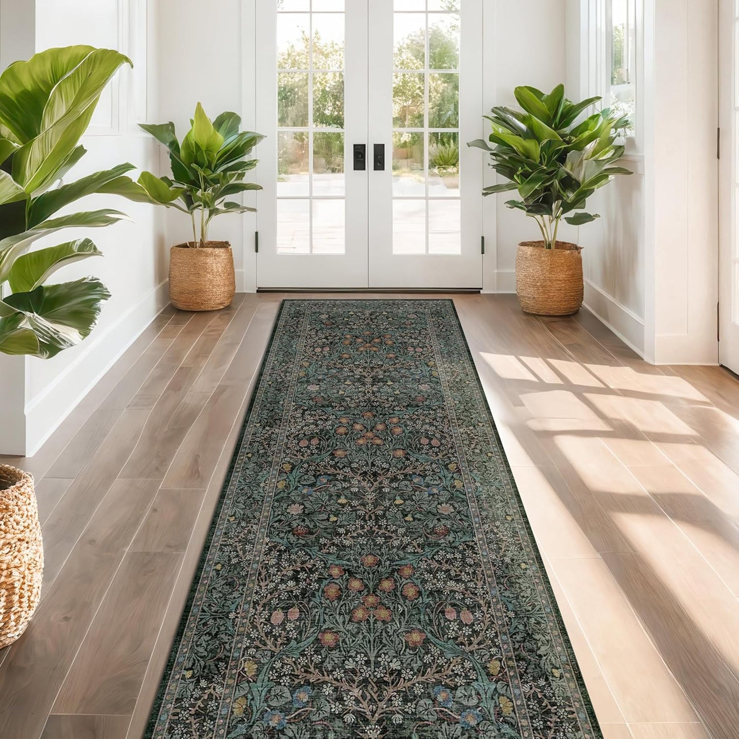 Vintage Dark Green Living Room Rug, 8x10 Washable Area Rugs for Dining Room Under Kitchen Table, Bedroom, Oriental Low Pile Stain Resistant Non-Slip Large Carpet (8x10 Dark Green)