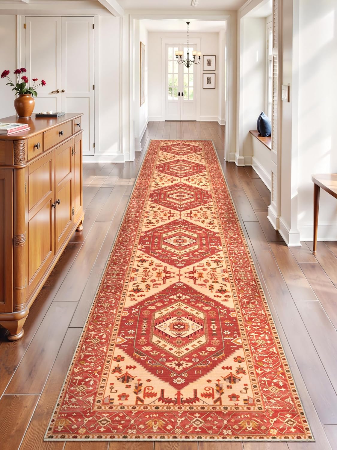 SERISSA Washable Rugs 8x10 Area Rugs, Large Non-Slip Boho Living Room Rust Rug, Ultra Soft Vintage Print Distressed Oriental Tribal Farmhouse Carpet for Dining Room Bedroom Dorm Office Home Decor