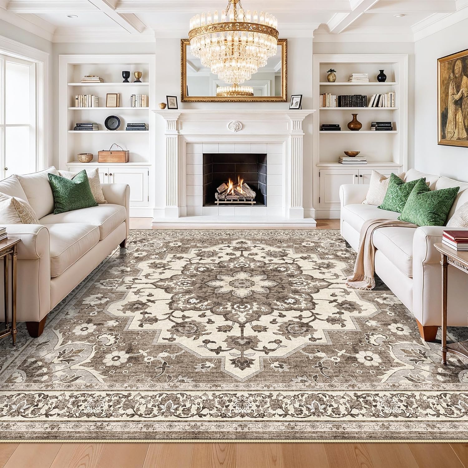 Washable Oriental Area Rug - 9x12 Rugs for Living Room Soft Carpet for Bedroom Waterproof Floral Distressed Indoor Stain Resistant Non-Shedding Floor Carpets (Green, 9x12)