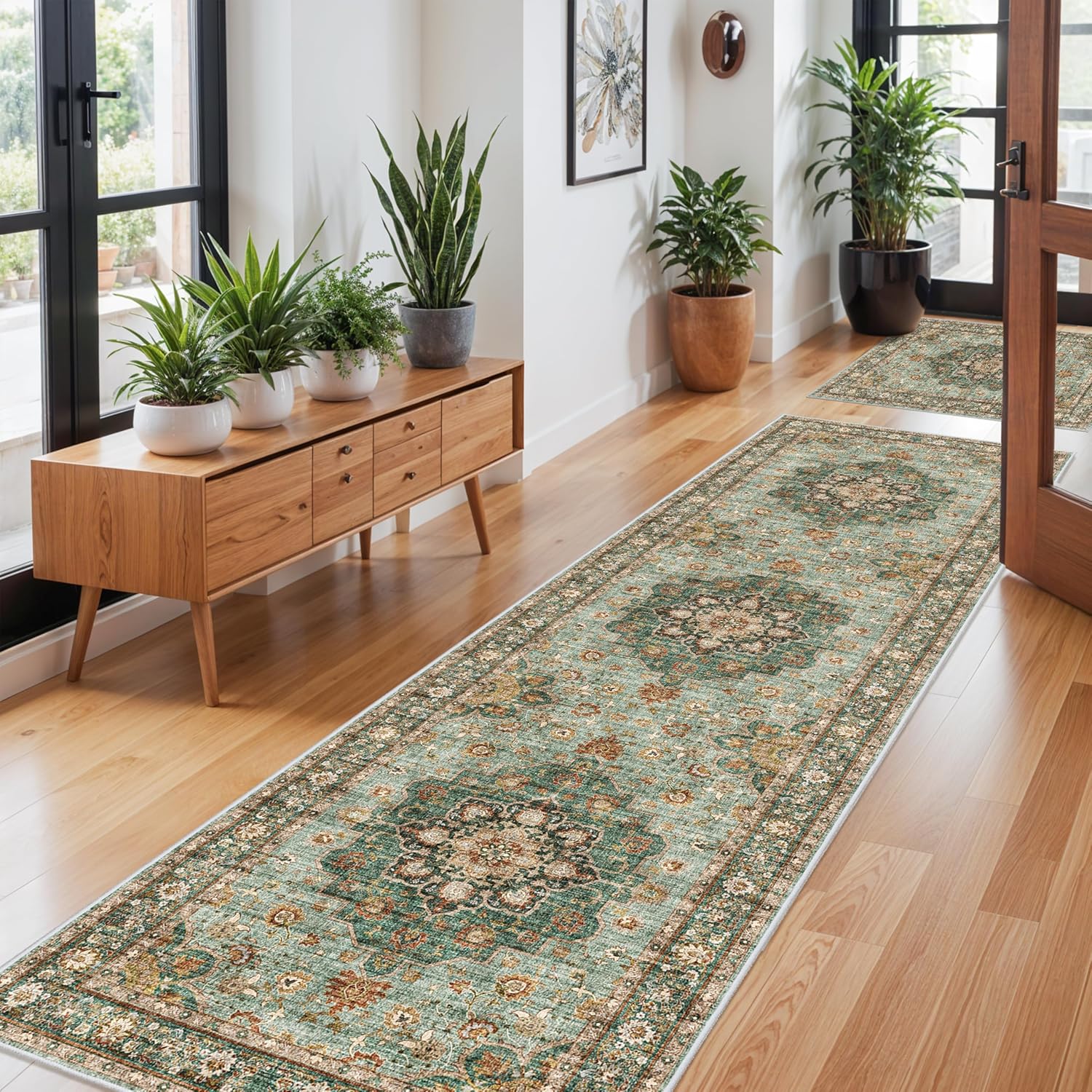 Washable Oriental Area Rug - 9x12 Rugs for Living Room Soft Carpet for Bedroom Waterproof Floral Distressed Indoor Stain Resistant Non-Shedding Floor Carpets (Green, 9x12)