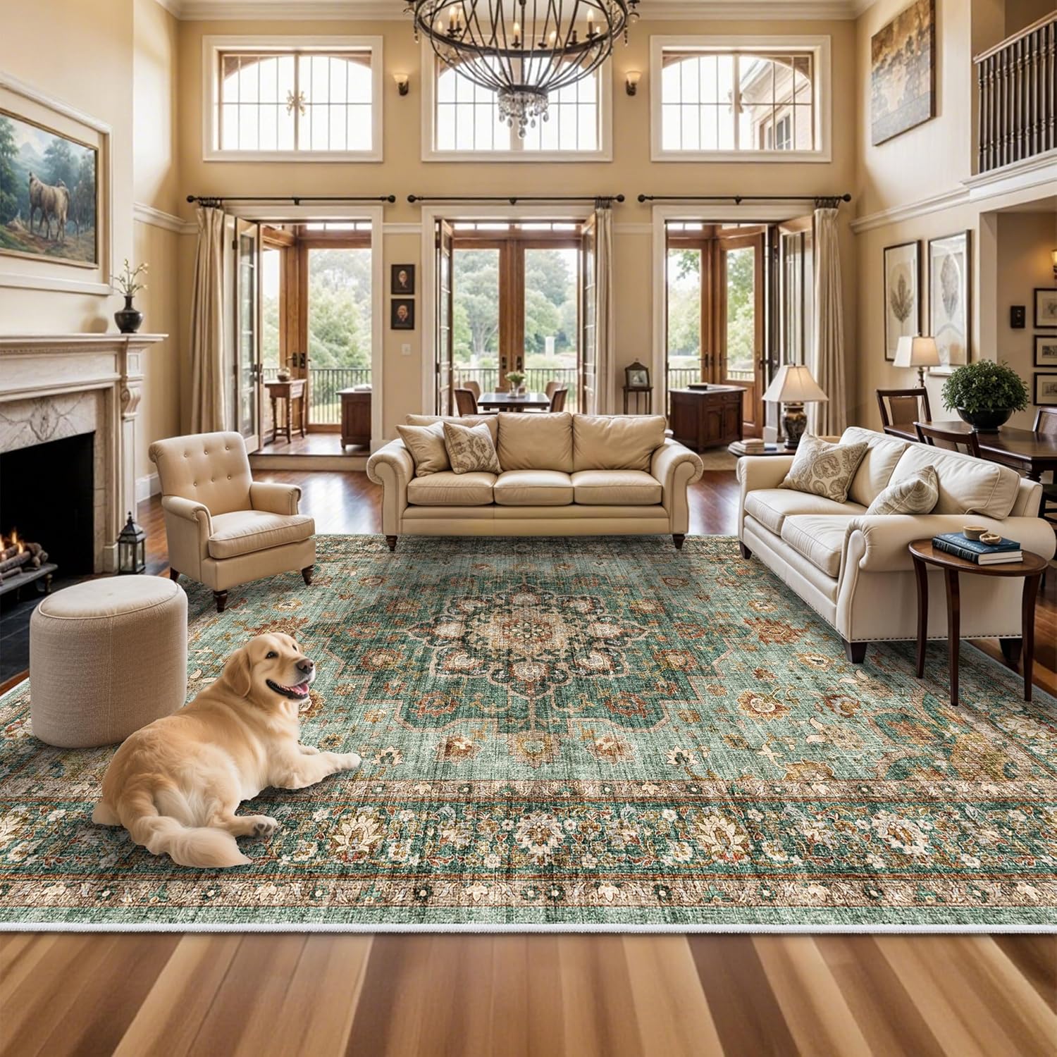 Washable Oriental Area Rug - 9x12 Rugs for Living Room Soft Carpet for Bedroom Waterproof Floral Distressed Indoor Stain Resistant Non-Shedding Floor Carpets (Green, 9x12)