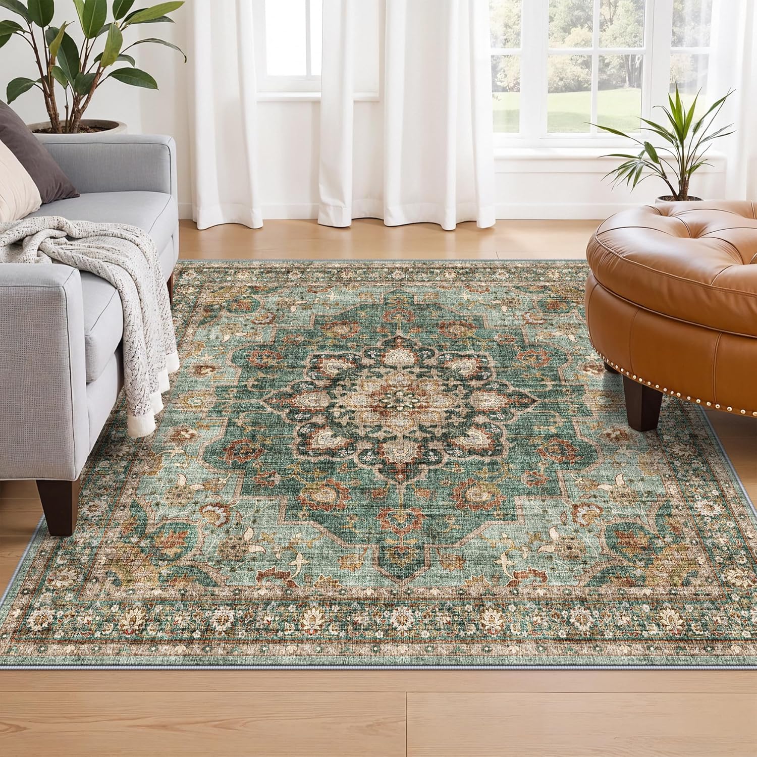 Washable Oriental Area Rug - 9x12 Rugs for Living Room Soft Carpet for Bedroom Waterproof Floral Distressed Indoor Stain Resistant Non-Shedding Floor Carpets (Green, 9x12)