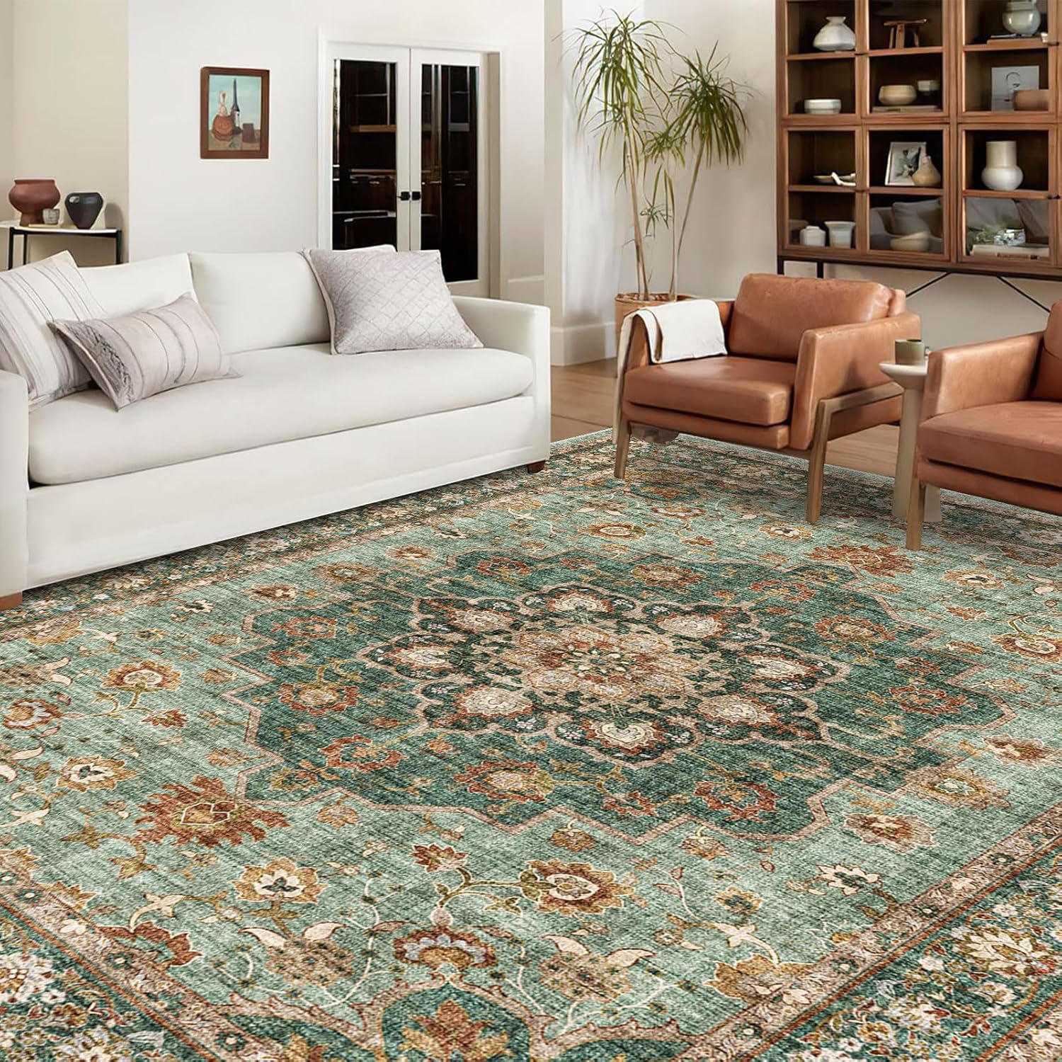 Washable Oriental Area Rug - 9x12 Rugs for Living Room Soft Carpet for Bedroom Waterproof Floral Distressed Indoor Stain Resistant Non-Shedding Floor Carpets (Green, 9x12)