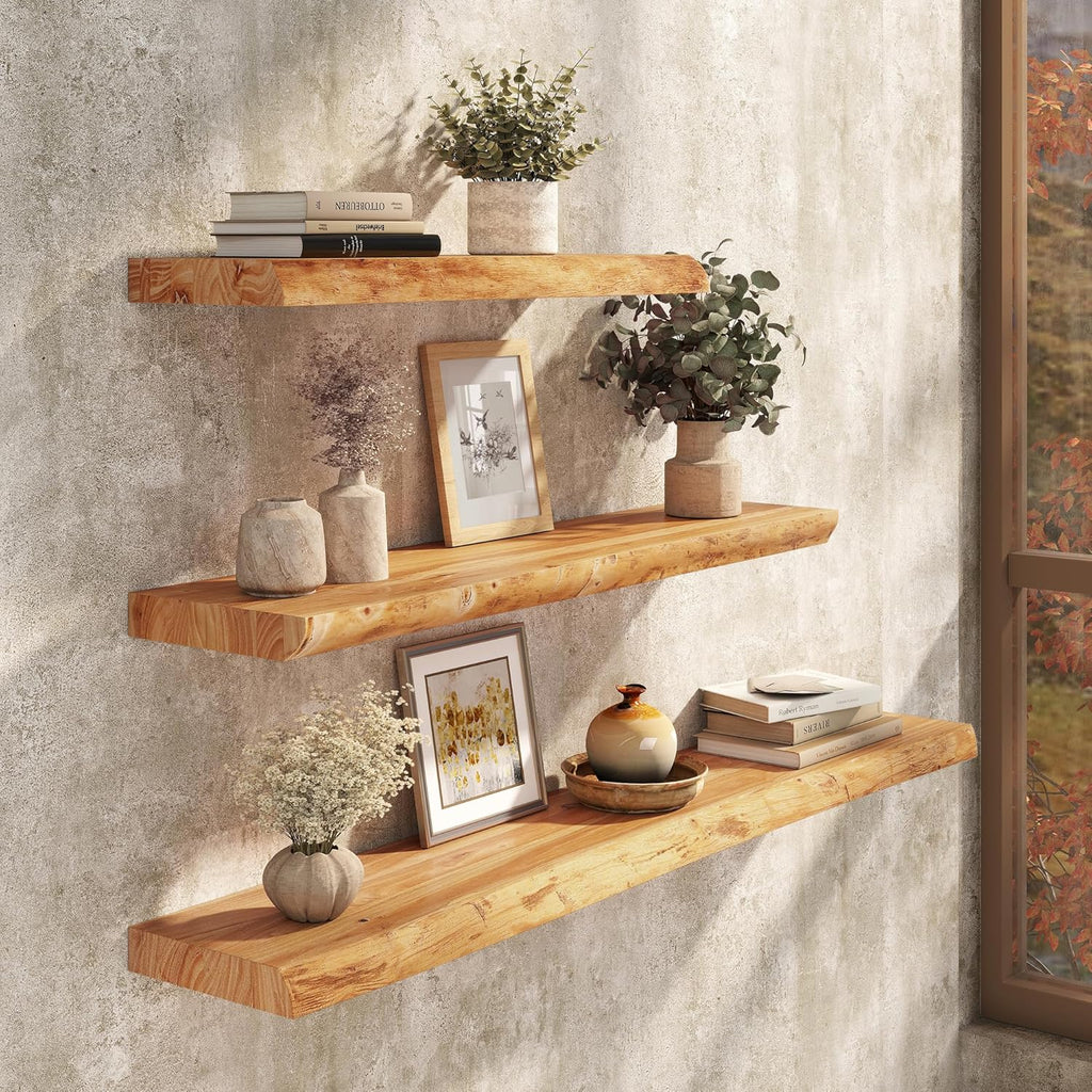 Floating Shelves Set of 2, Solid Elm Wood Wall Shelves 24 Inch - Invisible Bracket Mount for Living Room, Bedroom, Kitchen, Bathroom - Natural